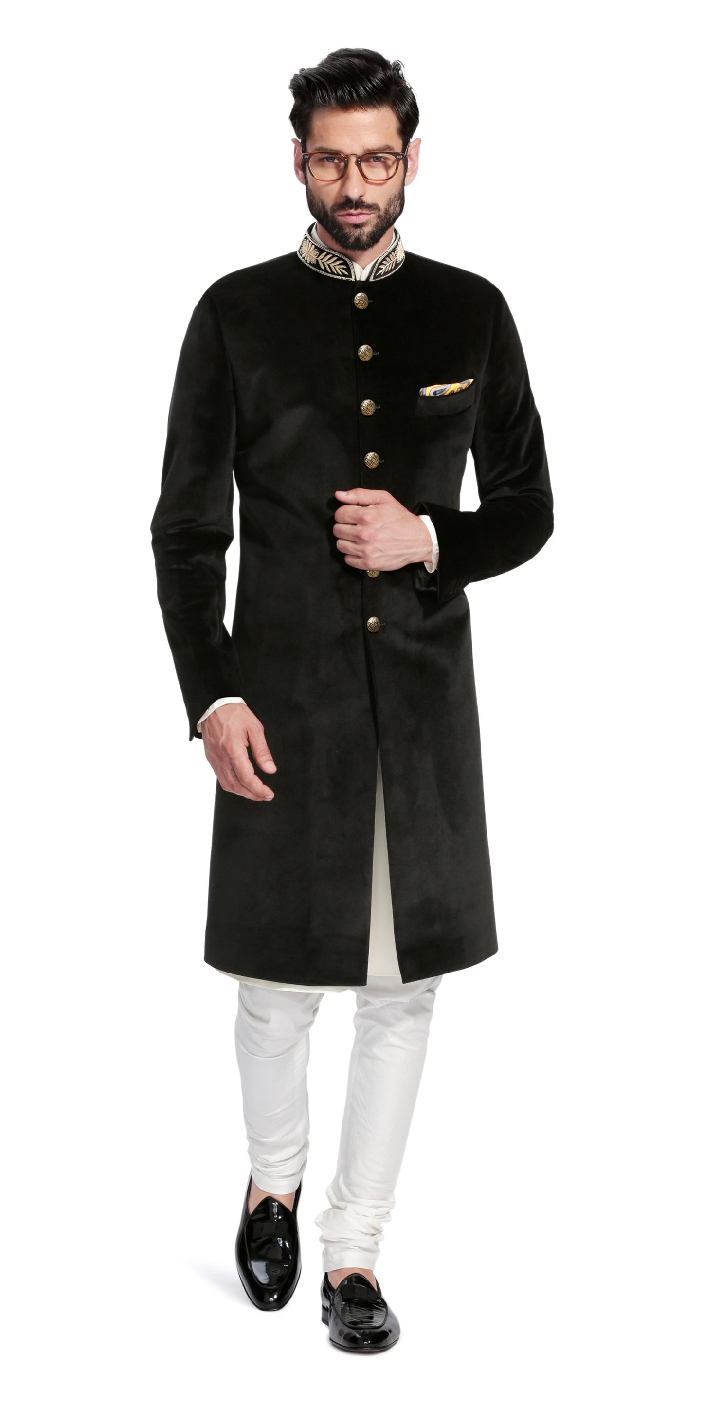 Gurhkan Black Velvet Sherwani