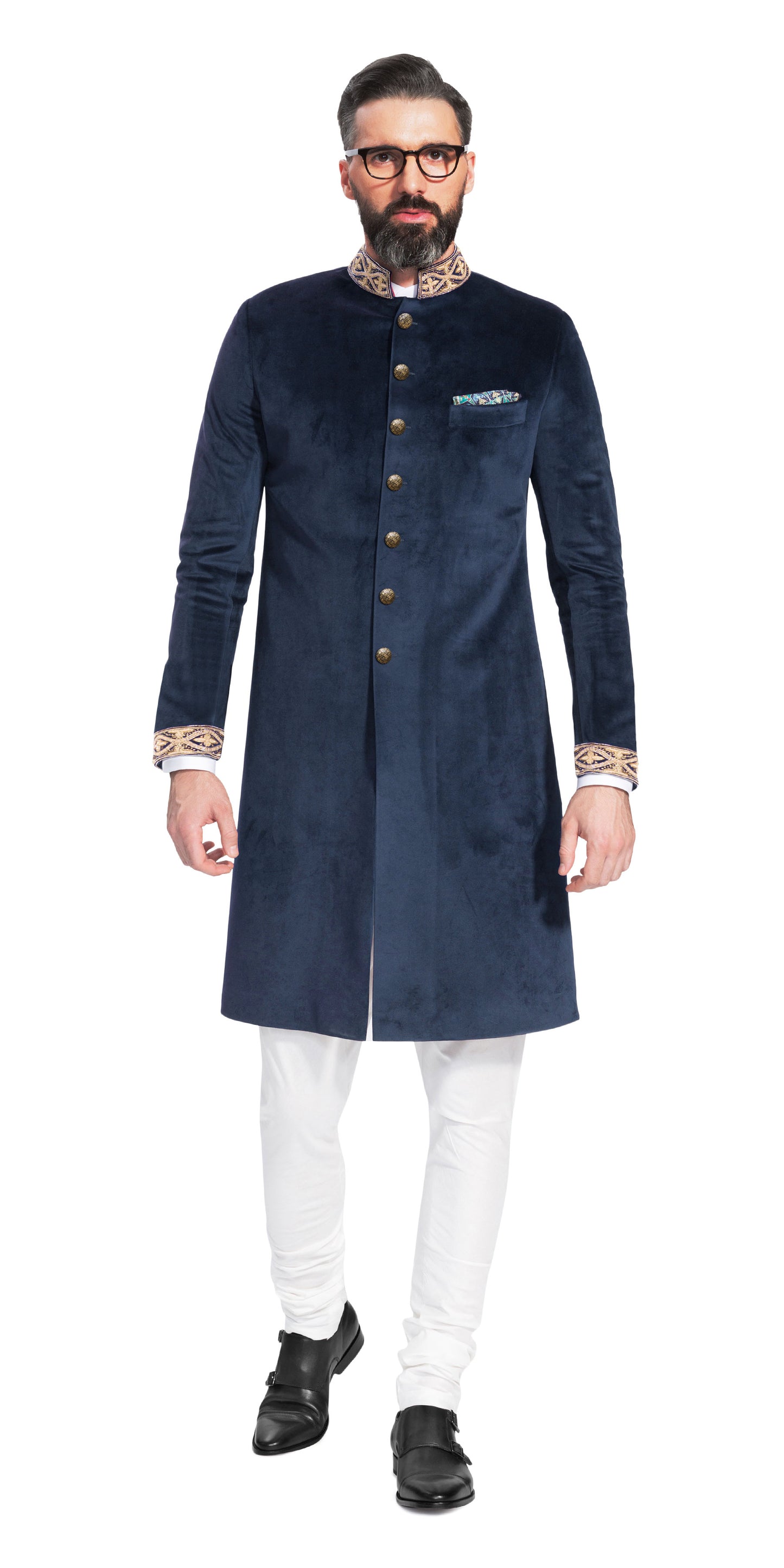 Gurhkan Blue Velvet Sherwani