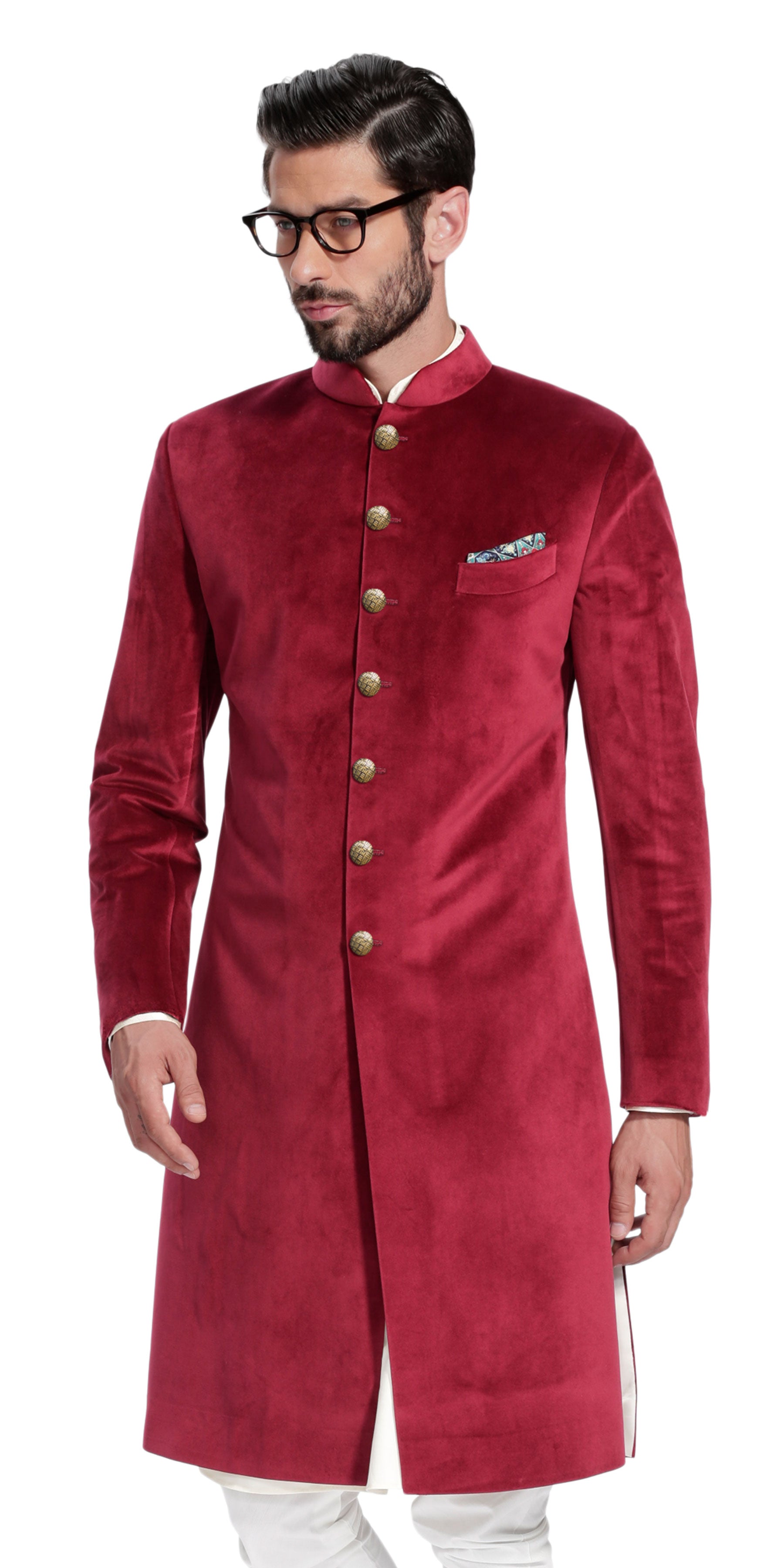 Sujaan Maroon Velvet Sherwani – herringbonesui - Main Image