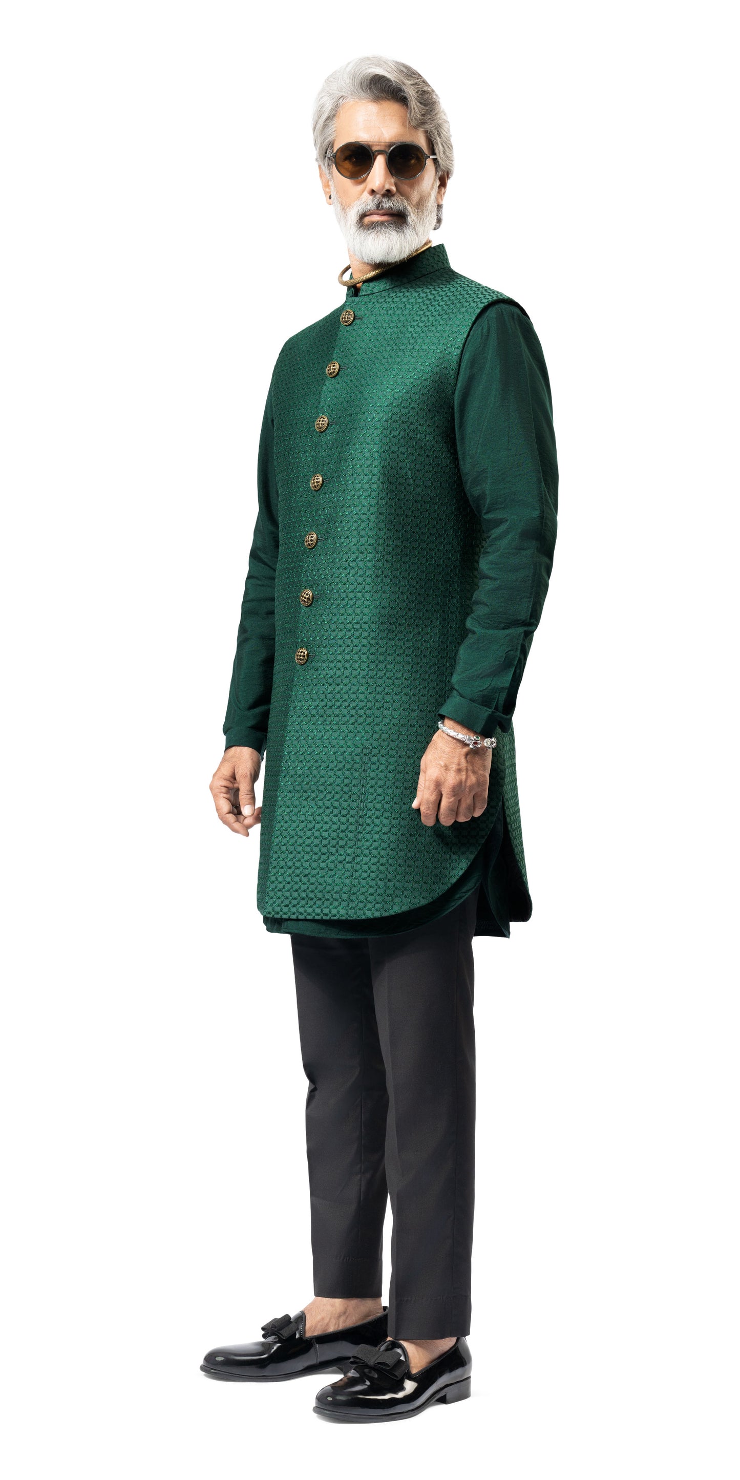 Emerald Green Stepwell Threadwork Long Jacket