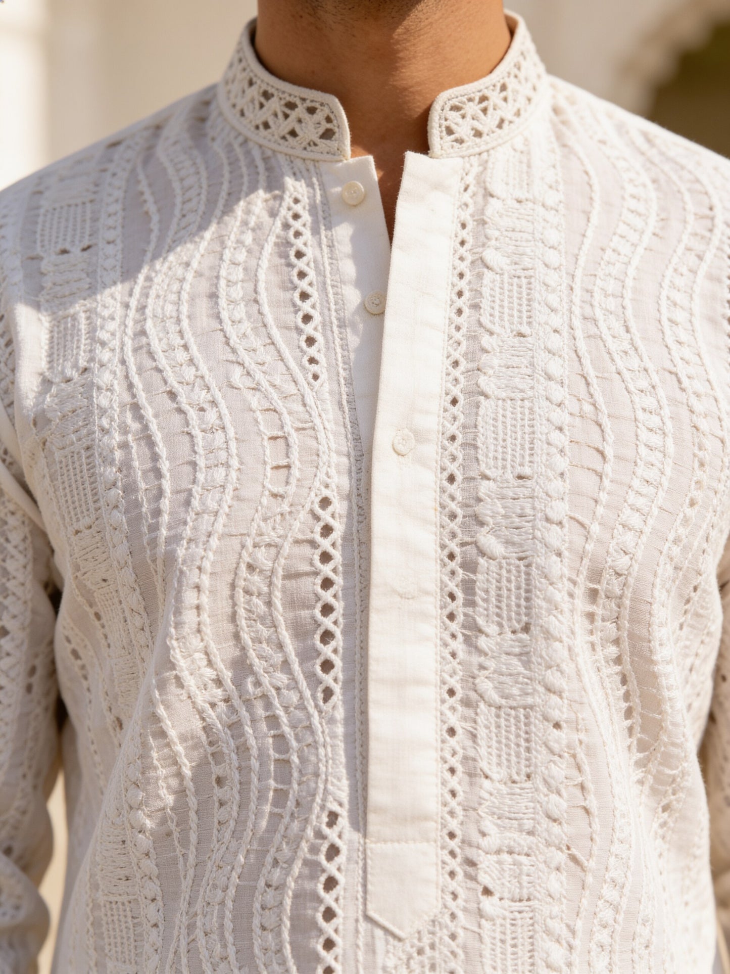 Herringbone & Sui — Chikankari Kurta — White, palace macro
