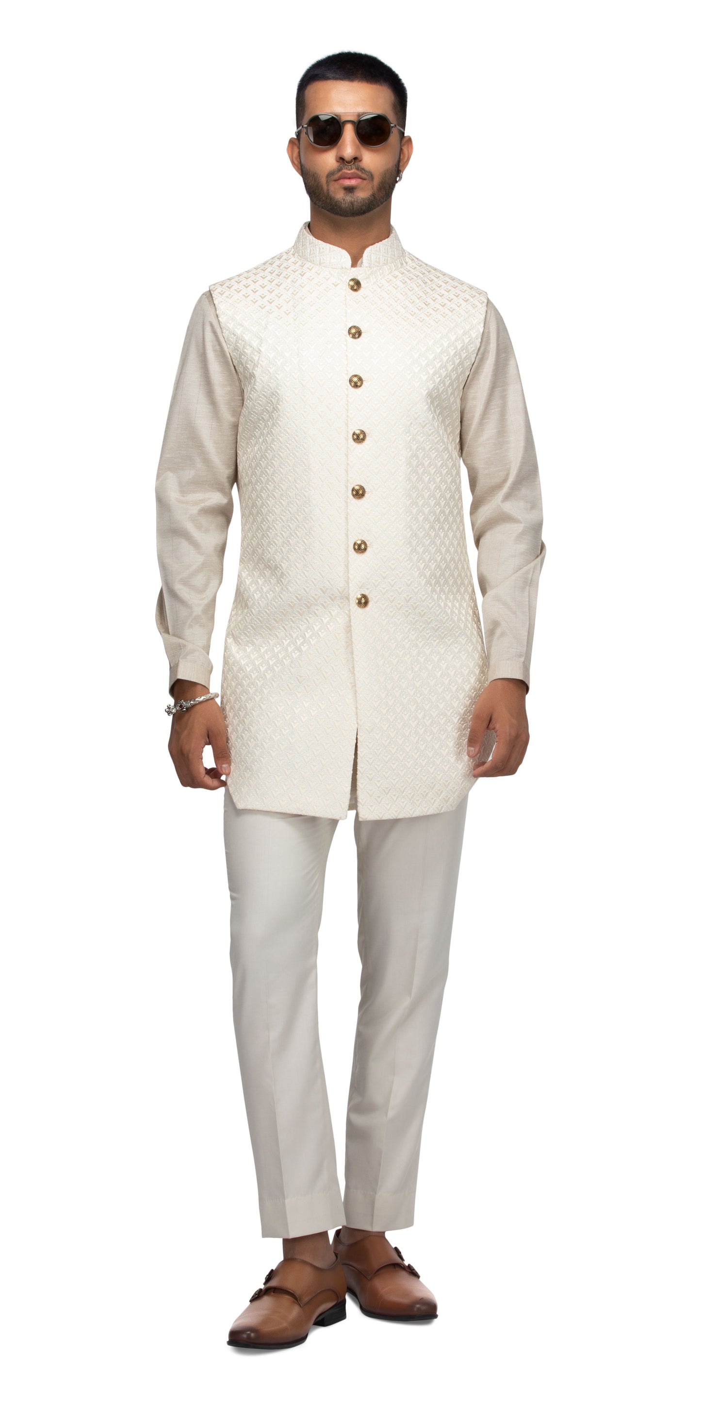 Ivory Lamp Caged Long Bundi With Matching Silk Kurta