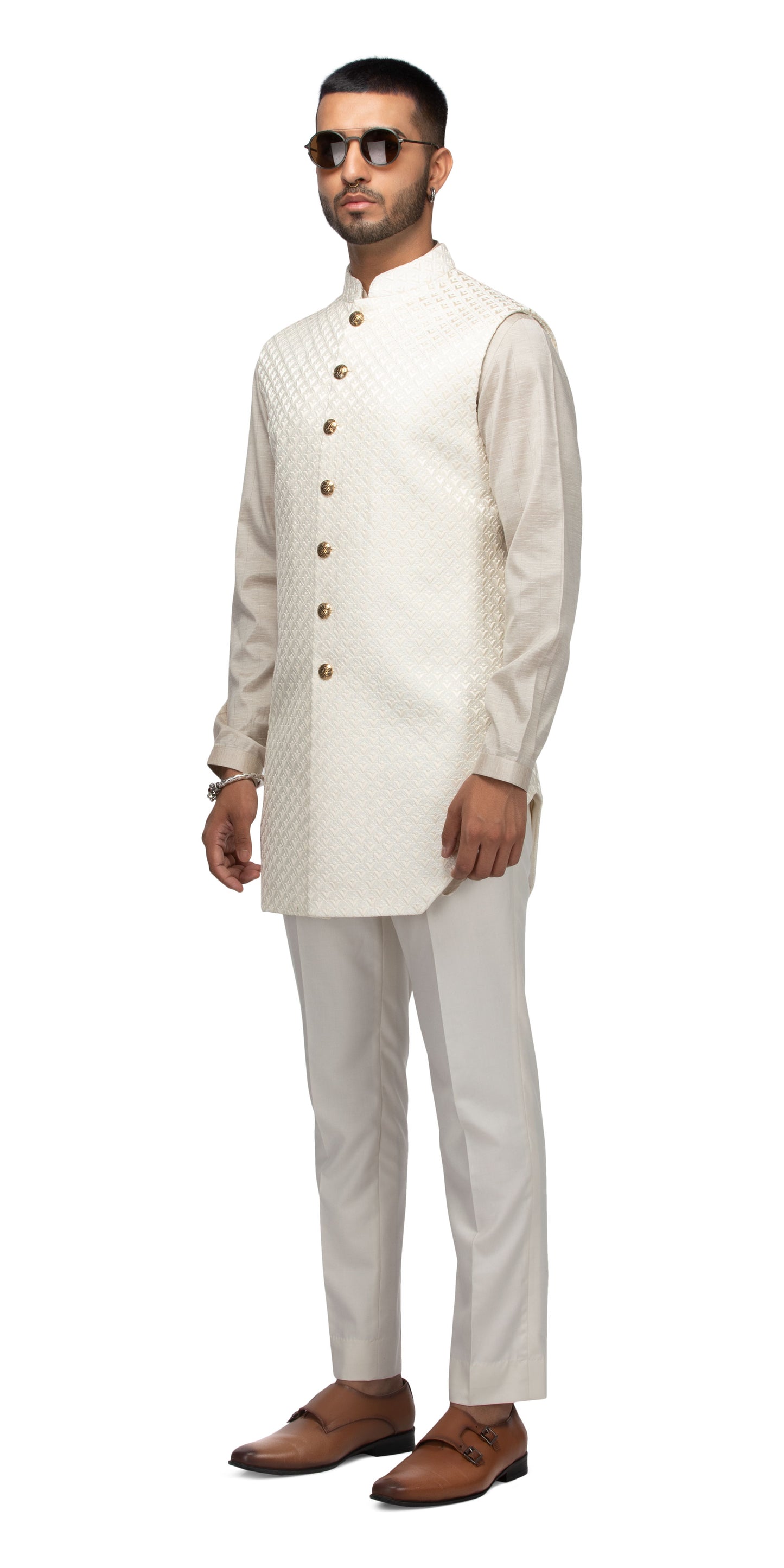 Ivory Lamp Caged Long Bundi With Matching Silk Kurta