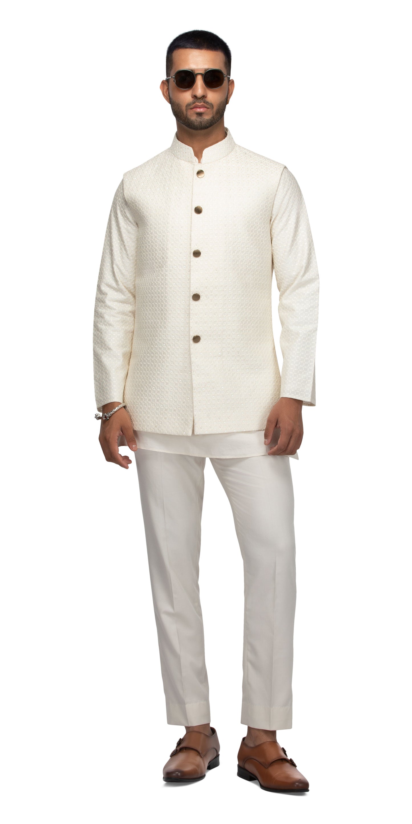 Ivory Stepwell Highlighted Mock Bandhgala With Short Silk Kurta