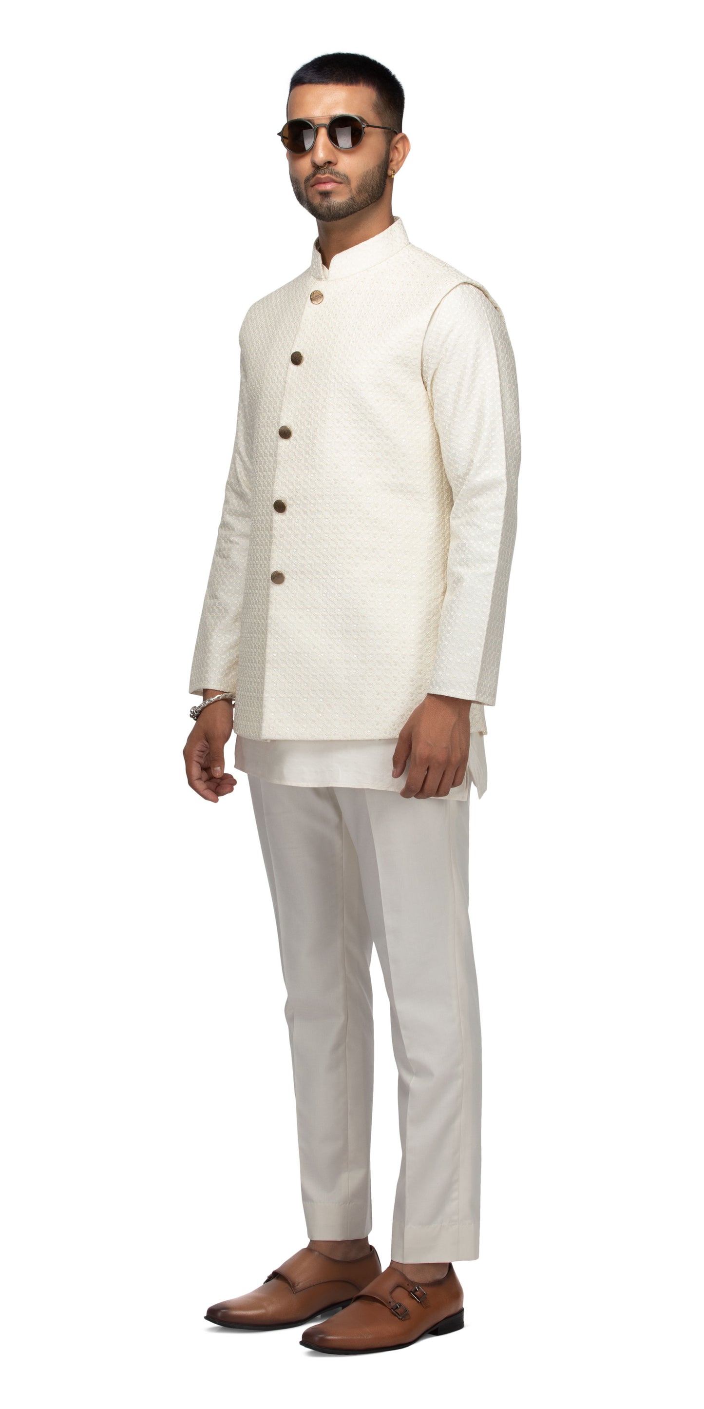 Ivory Stepwell Highlighted Mock Bandhgala With Short Silk Kurta