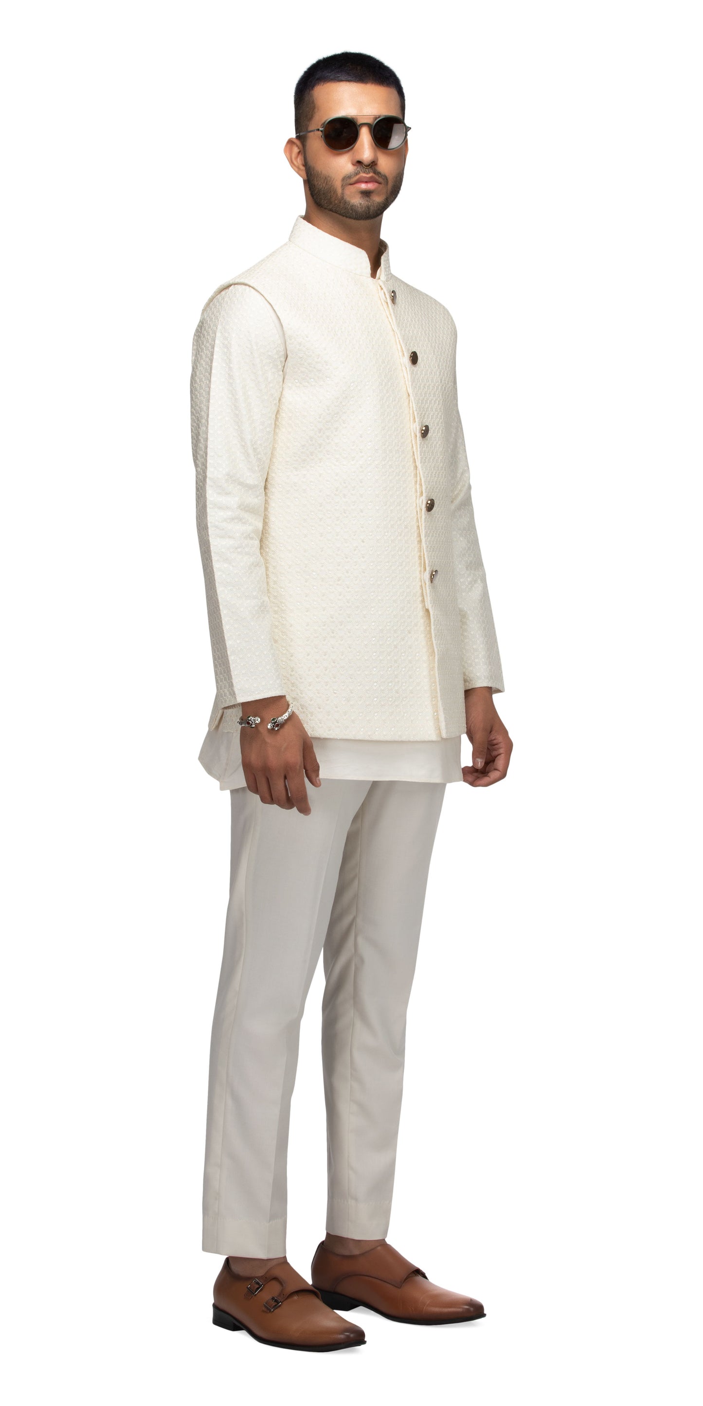 Ivory Stepwell Highlighted Mock Bandhgala With Short Silk Kurta