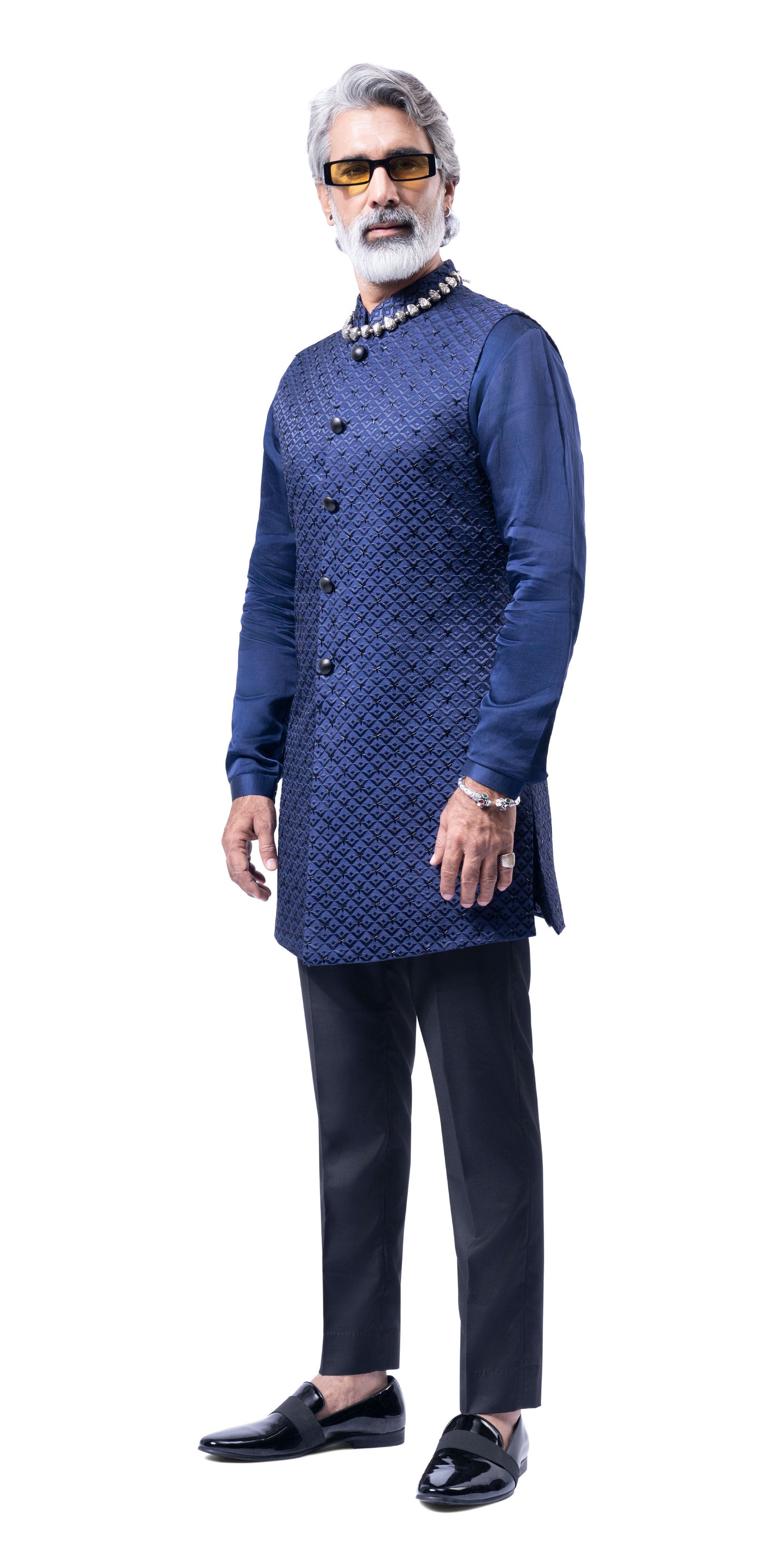 Navy Lamp Block Highlighted Long Jacket
