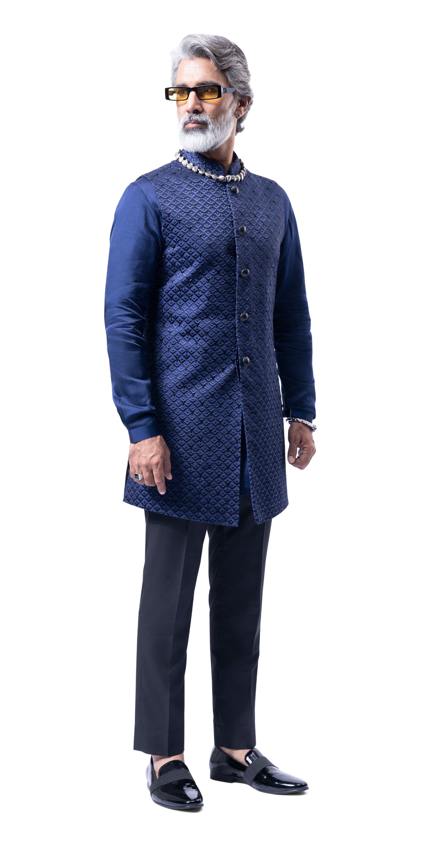 Navy Lamp Block Highlighted Long Jacket