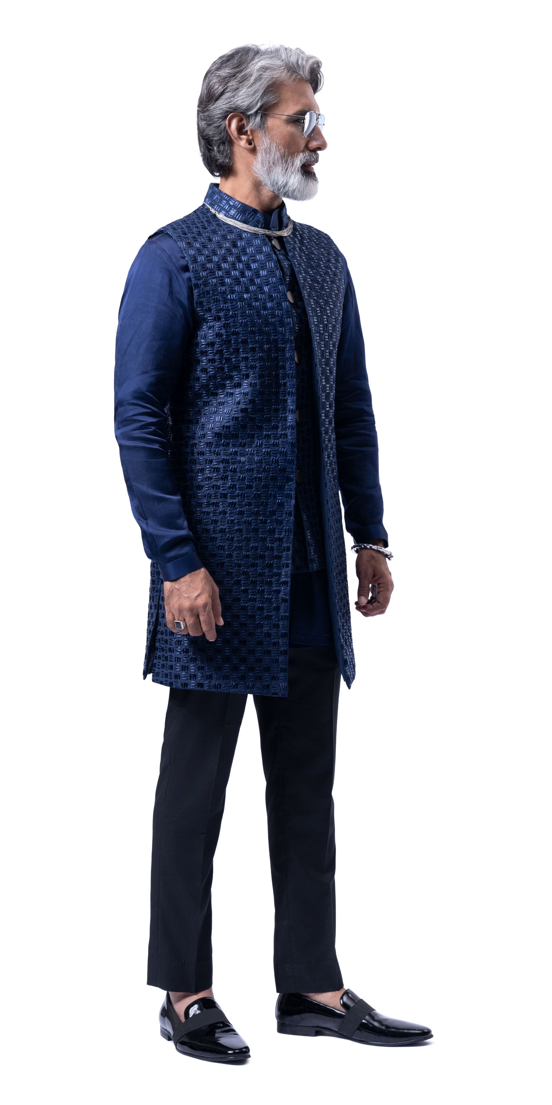 Navy Tetris Dual Tone Mock Layer Bundi-Jacket