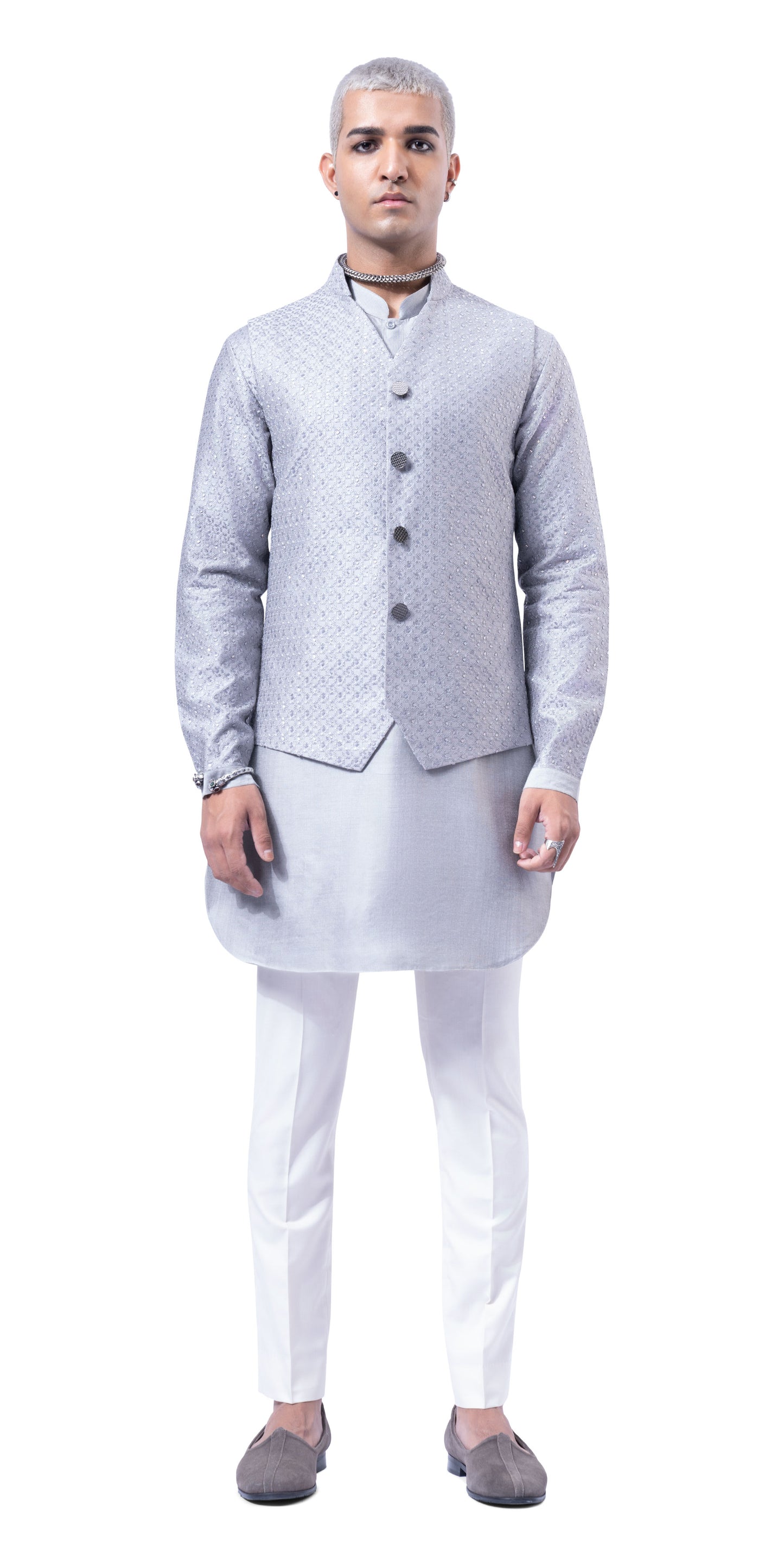 Steel Grey Prism Highlight Mock Bandhgala With Silk Kurta