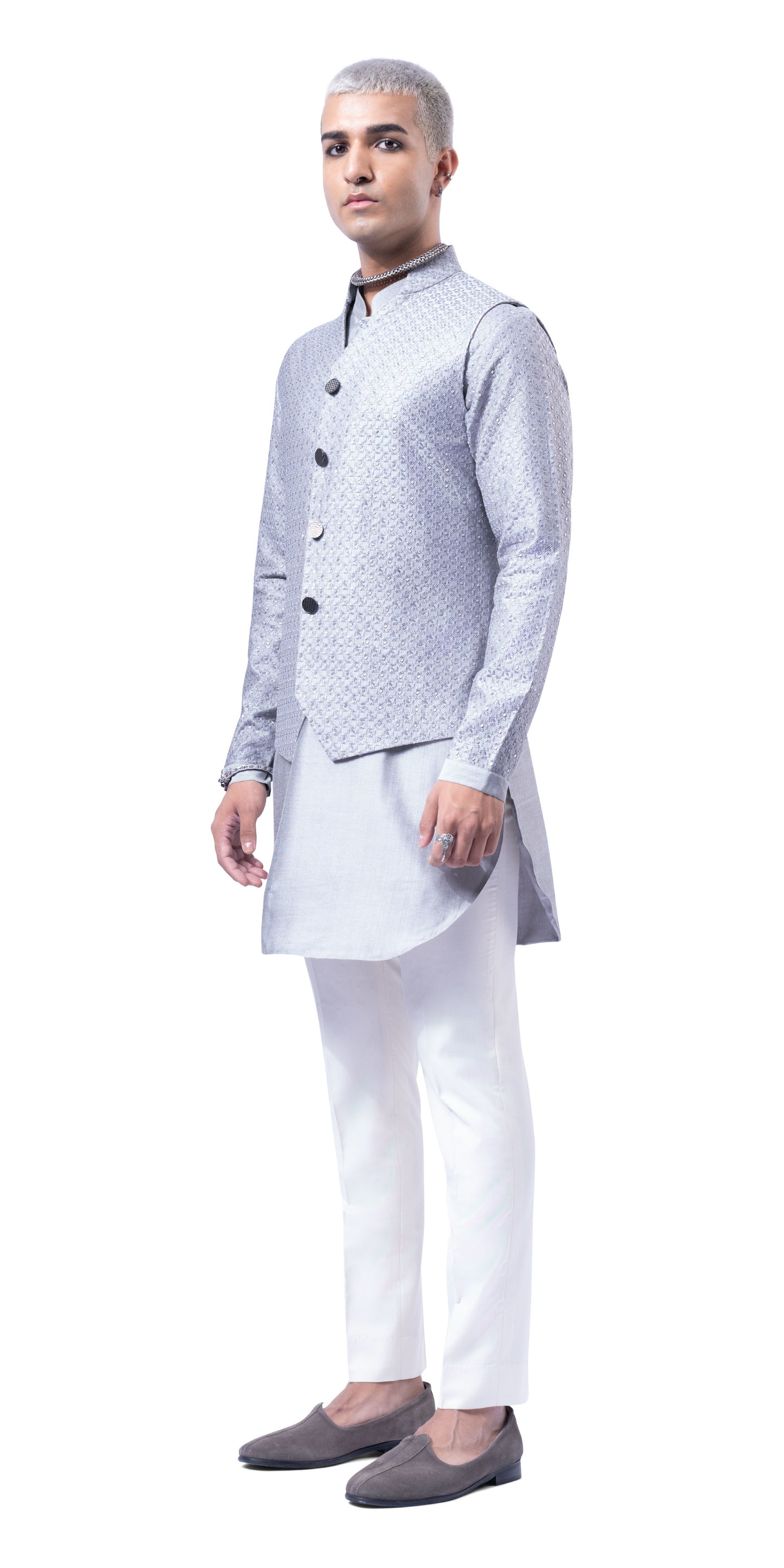 Steel Grey Prism Highlight Mock Bandhgala With Silk Kurta