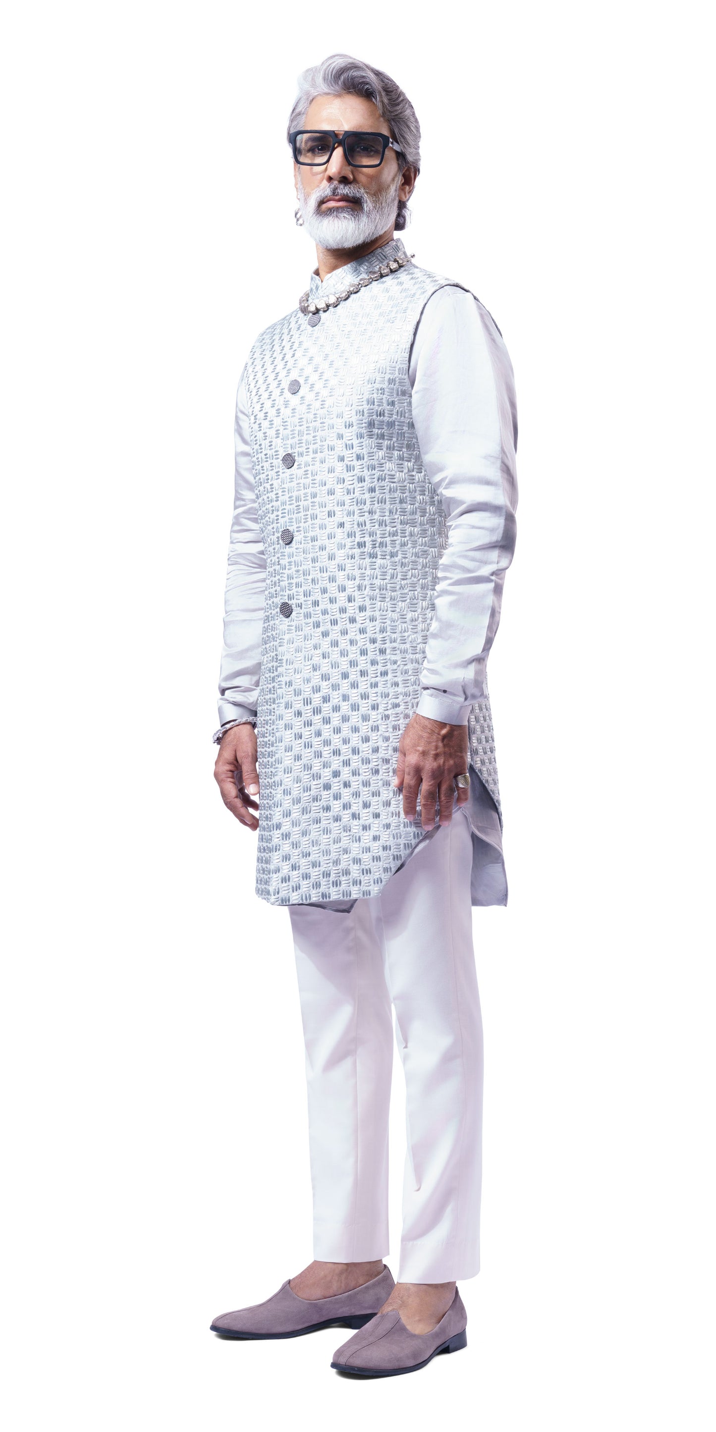 Steel Grey Tetris Dual Tone Long Jacket