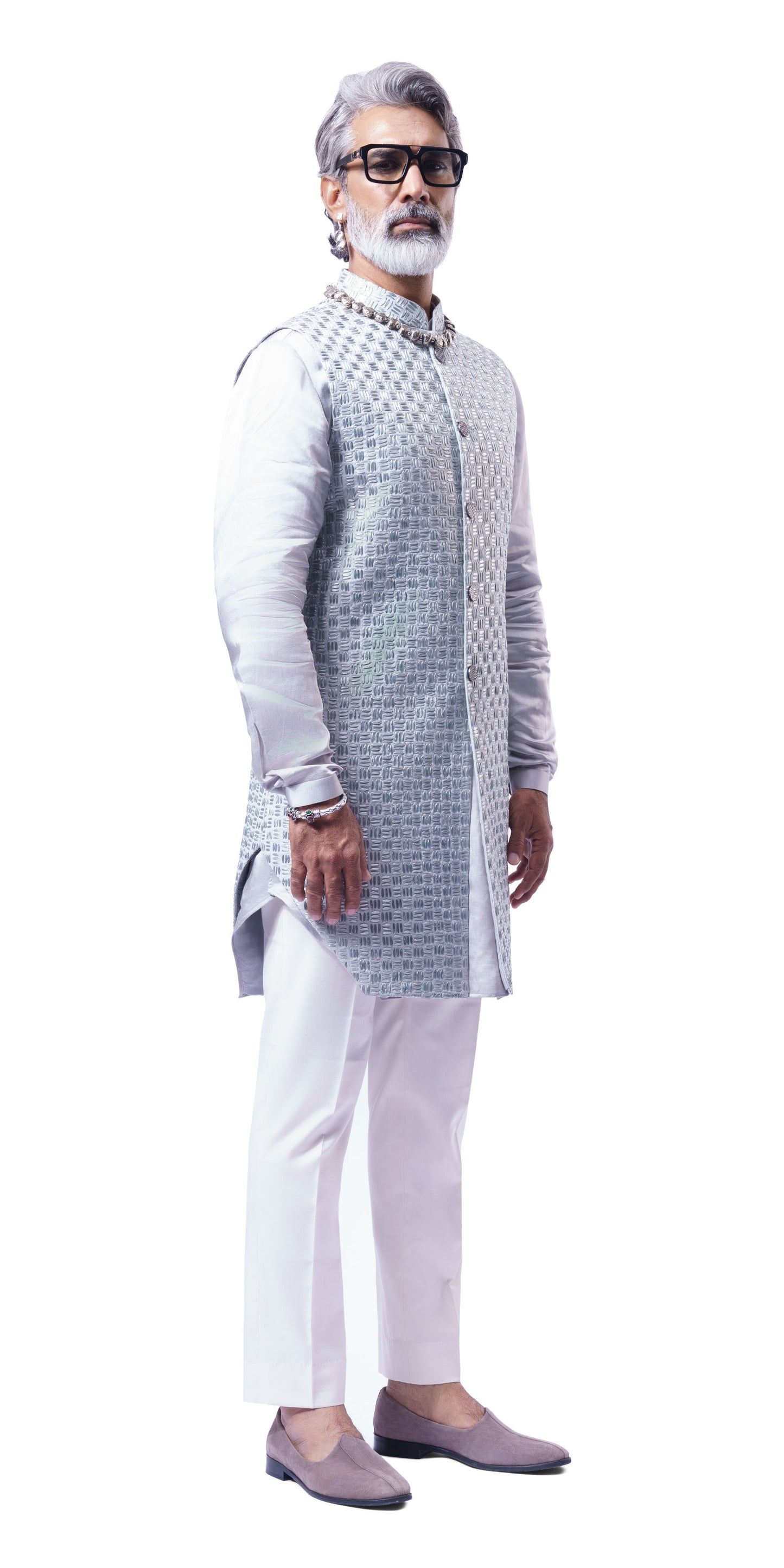 Steel Grey Tetris Dual Tone Long Jacket