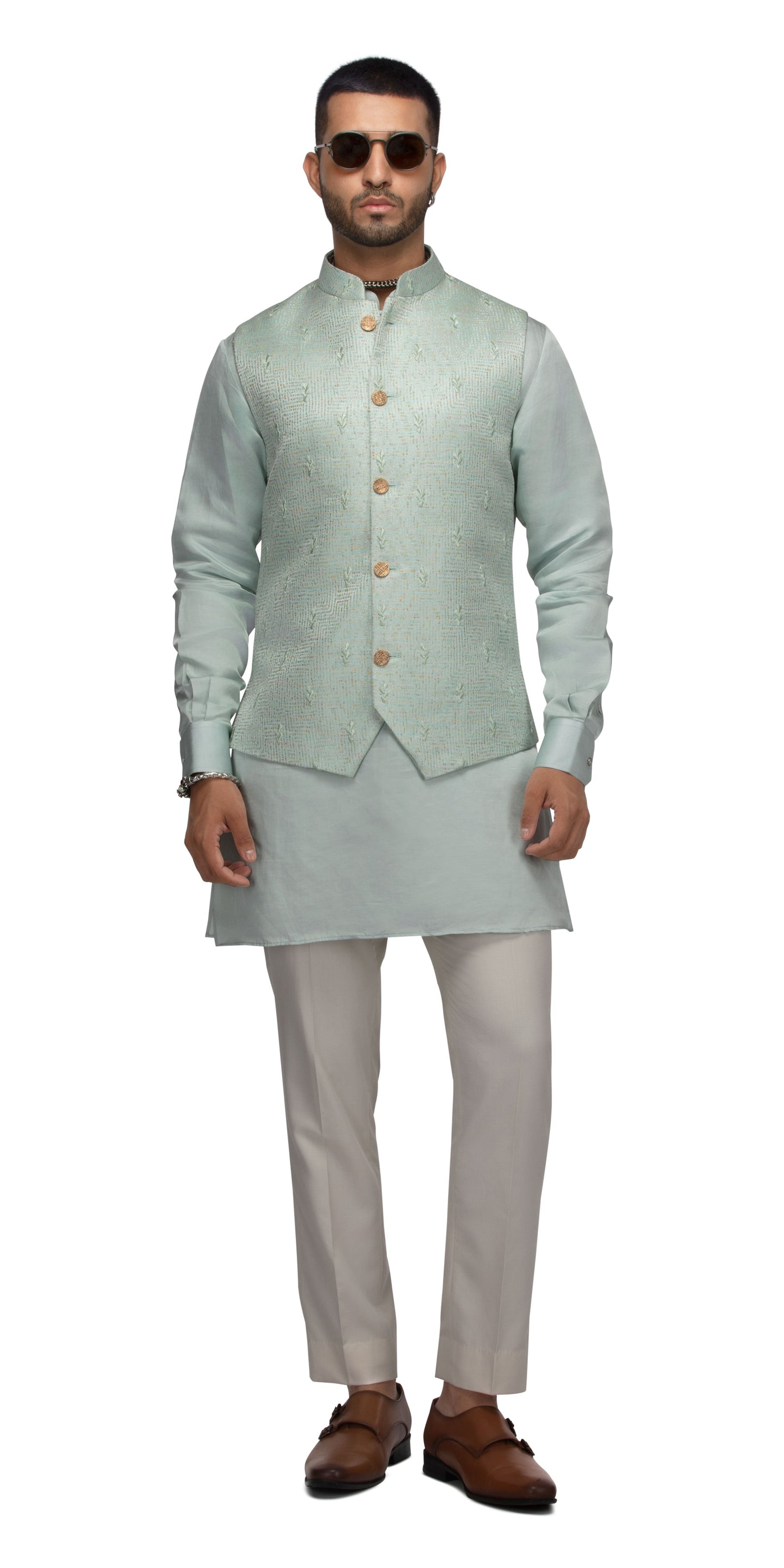 Tonal Spade Waistcoat Bundi And Matching Silk Kurta