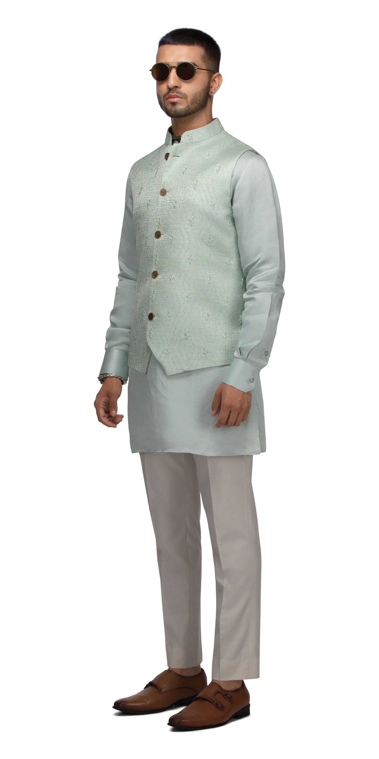 Tonal Spade Waistcoat Bundi And Matching Silk Kurta