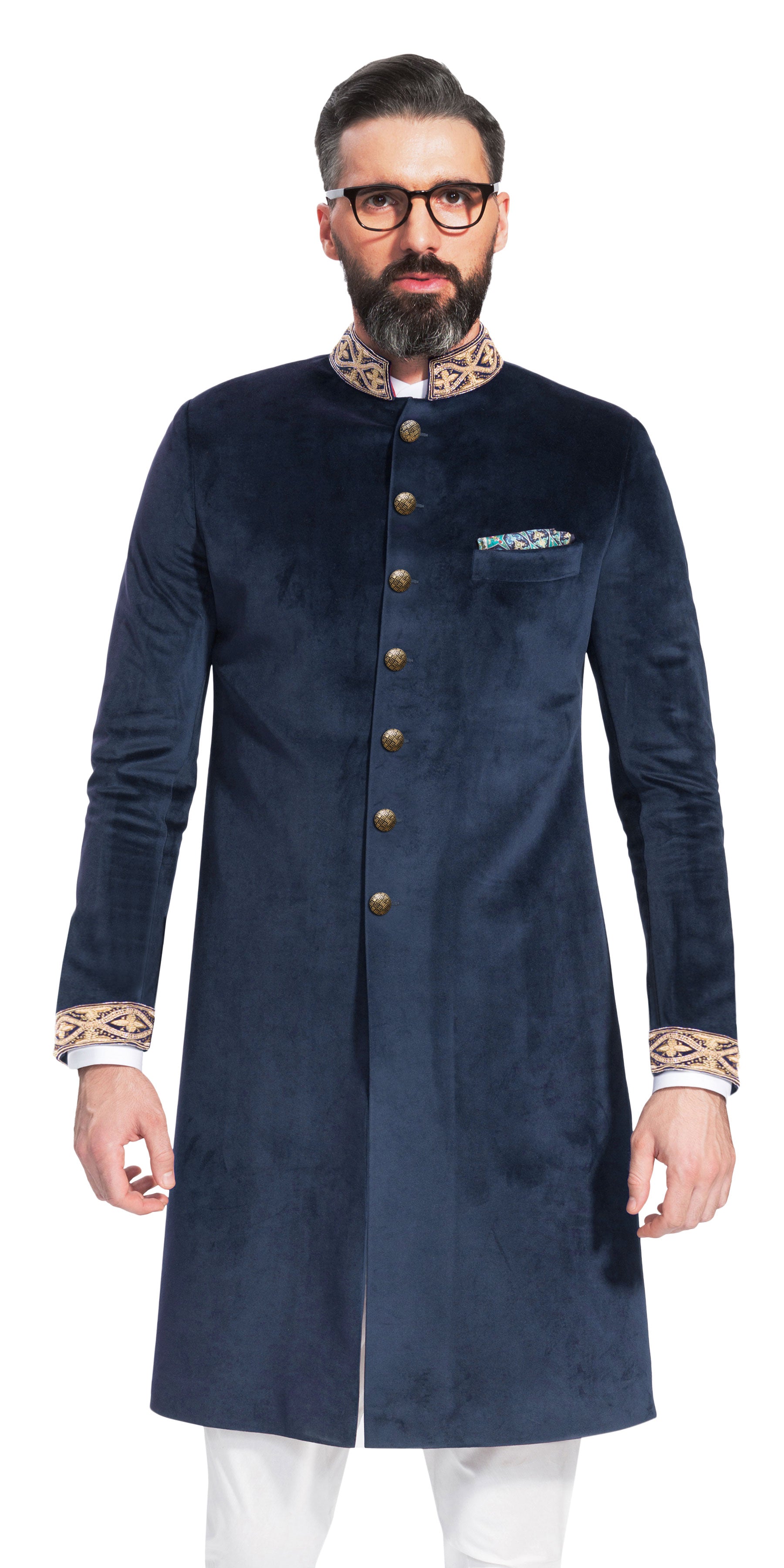 Gurhkan Blue Velvet Sherwani