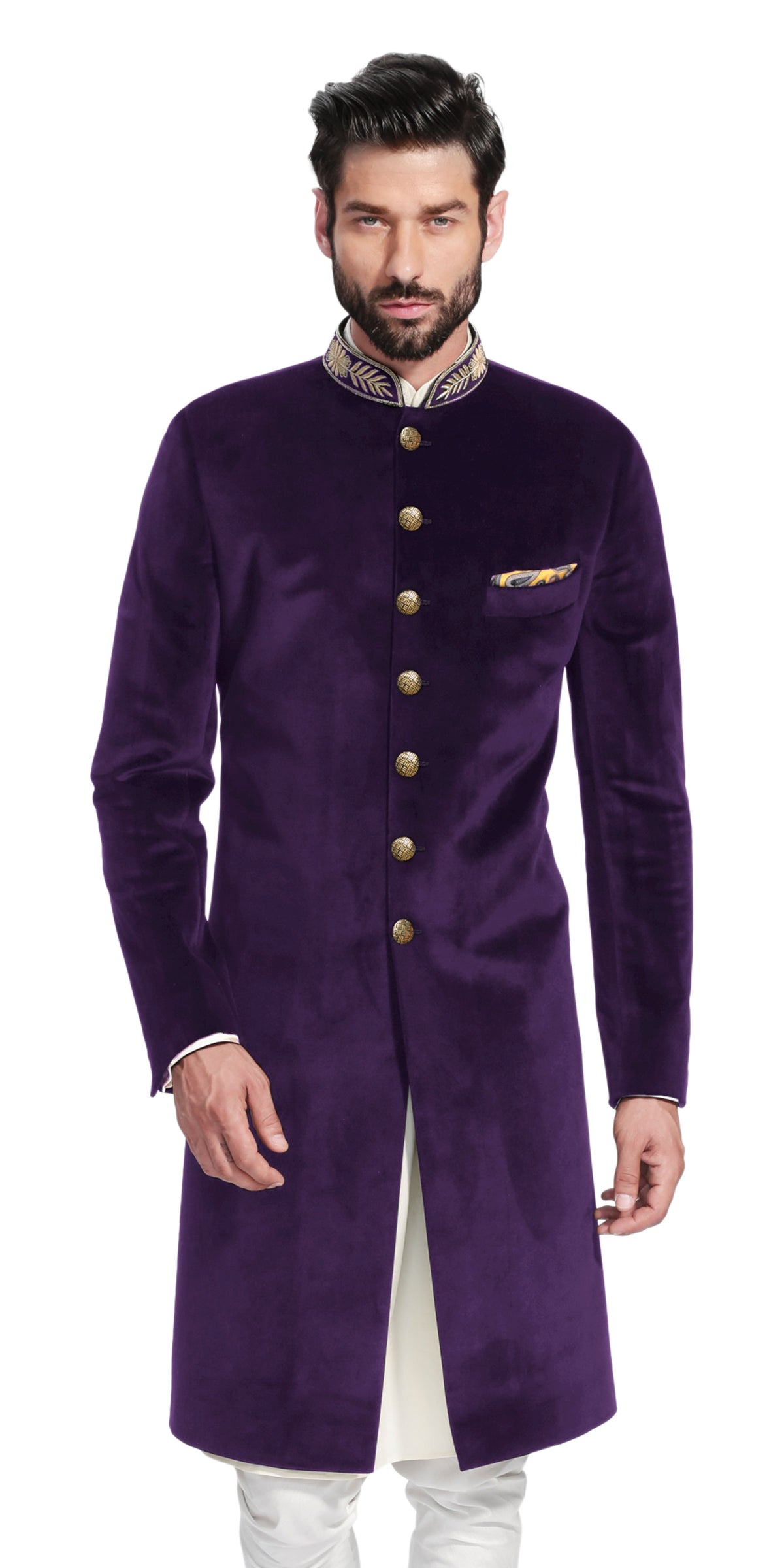 Gurhkan Purple Velvet Sherwani