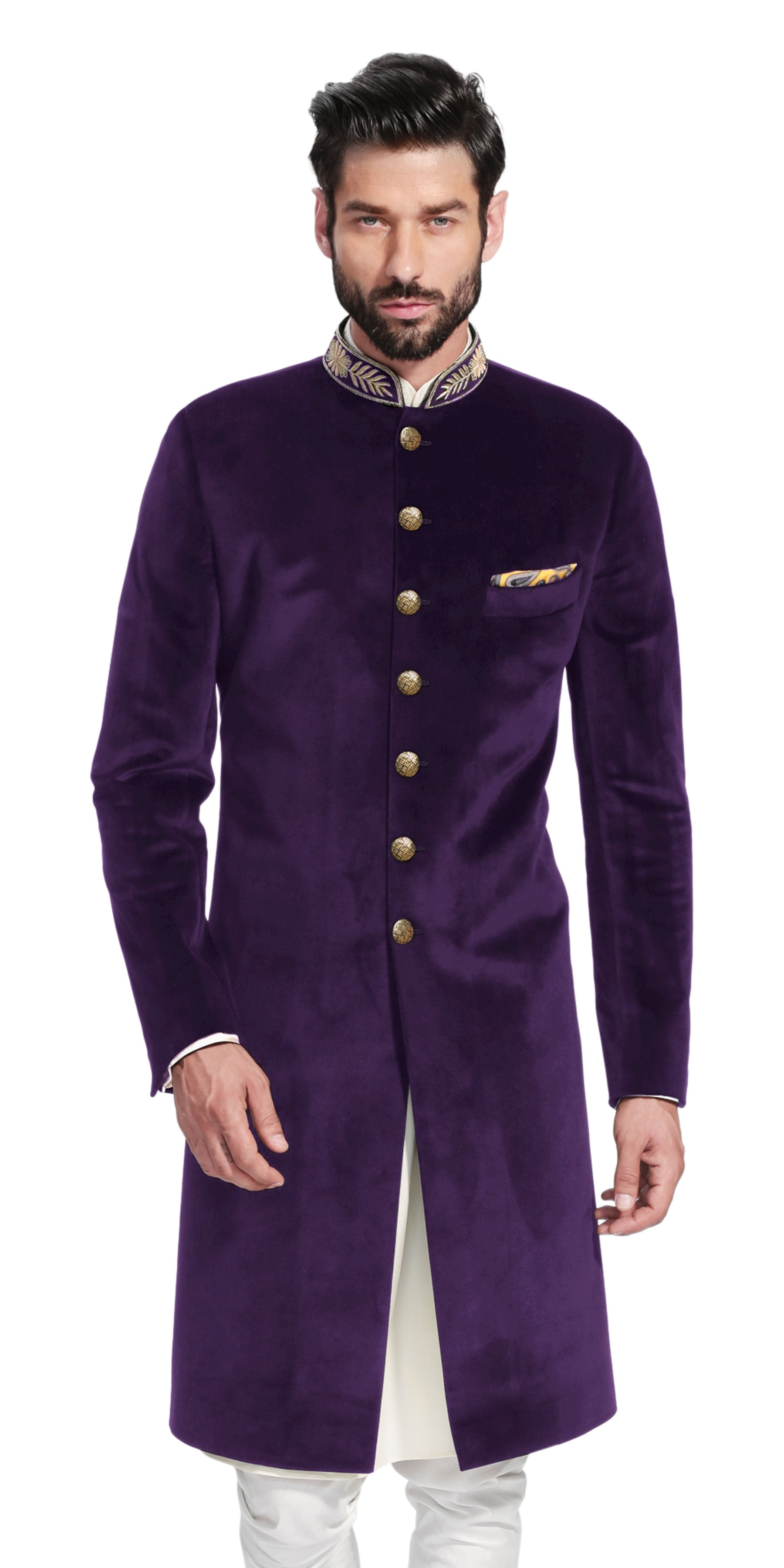 Gurhkan Purple Velvet Sherwani