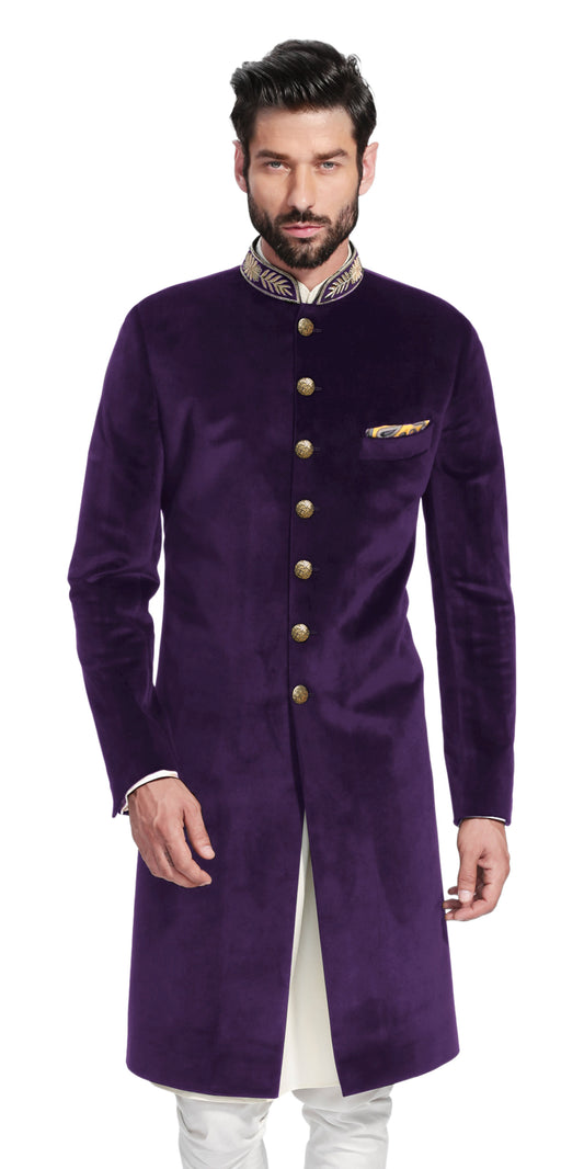 Gurhkan Purple Velvet Sherwani