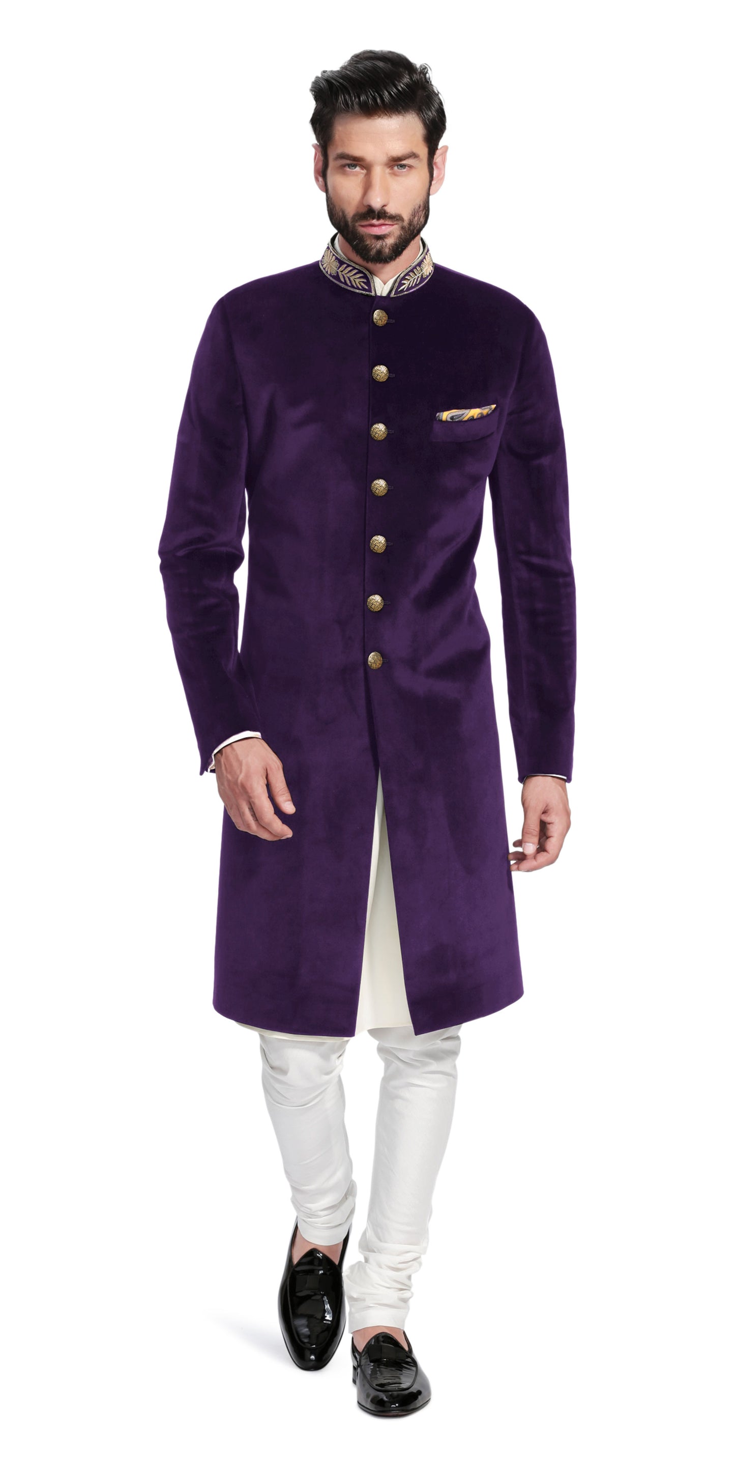 Gurhkan Purple Velvet Sherwani