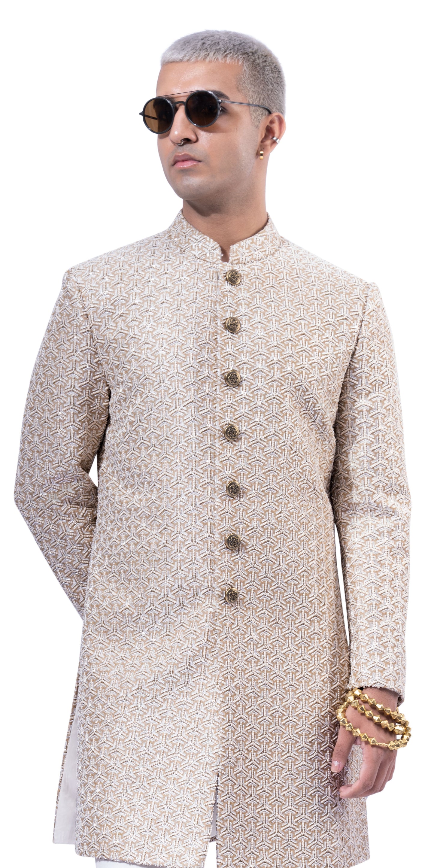 Beige Gold Three Way Anchor French Knot Sherwani