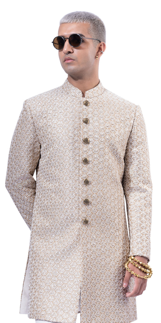 Beige Gold Three Way Anchor French Knot Sherwani