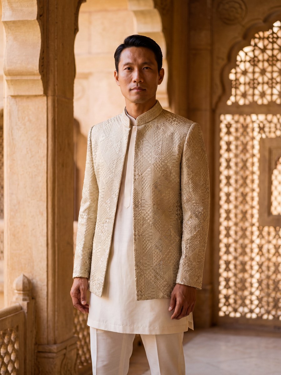 Festive Bandhgala in Ivory Gold