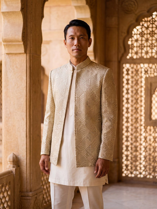 Festive Bandhgala in Ivory Gold