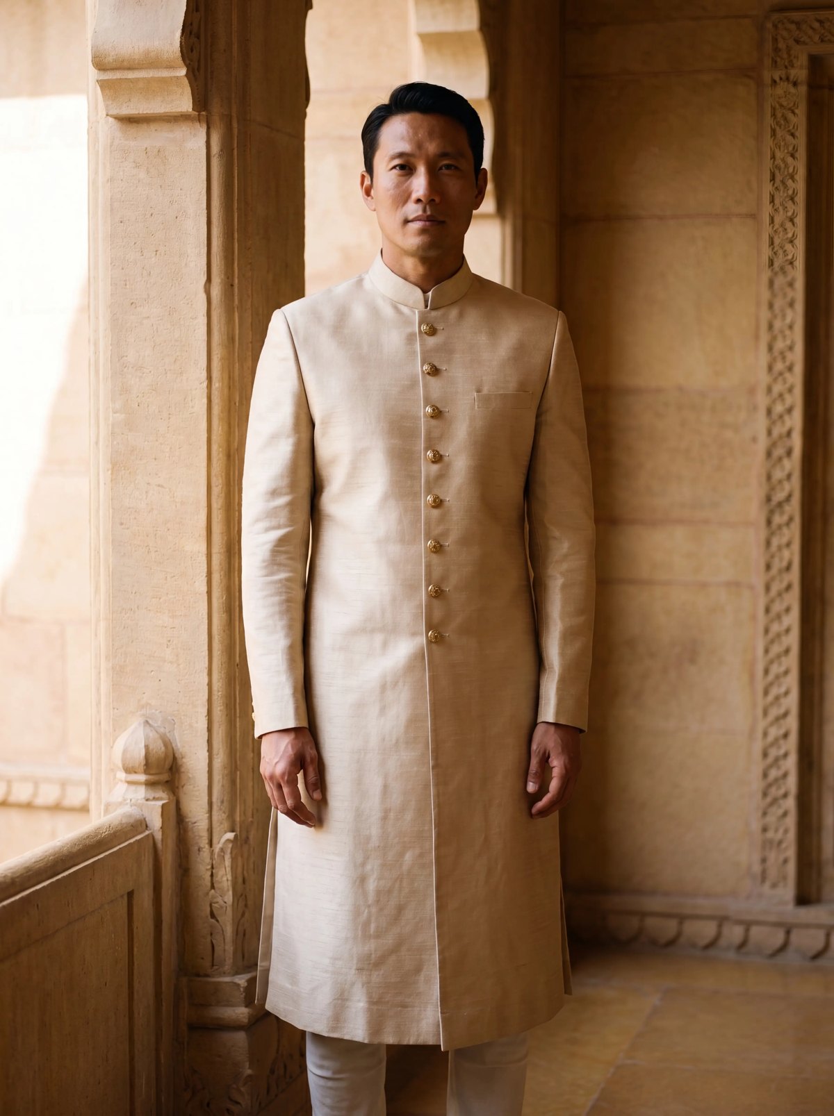 Raw-Silk Sherwani in Champagne