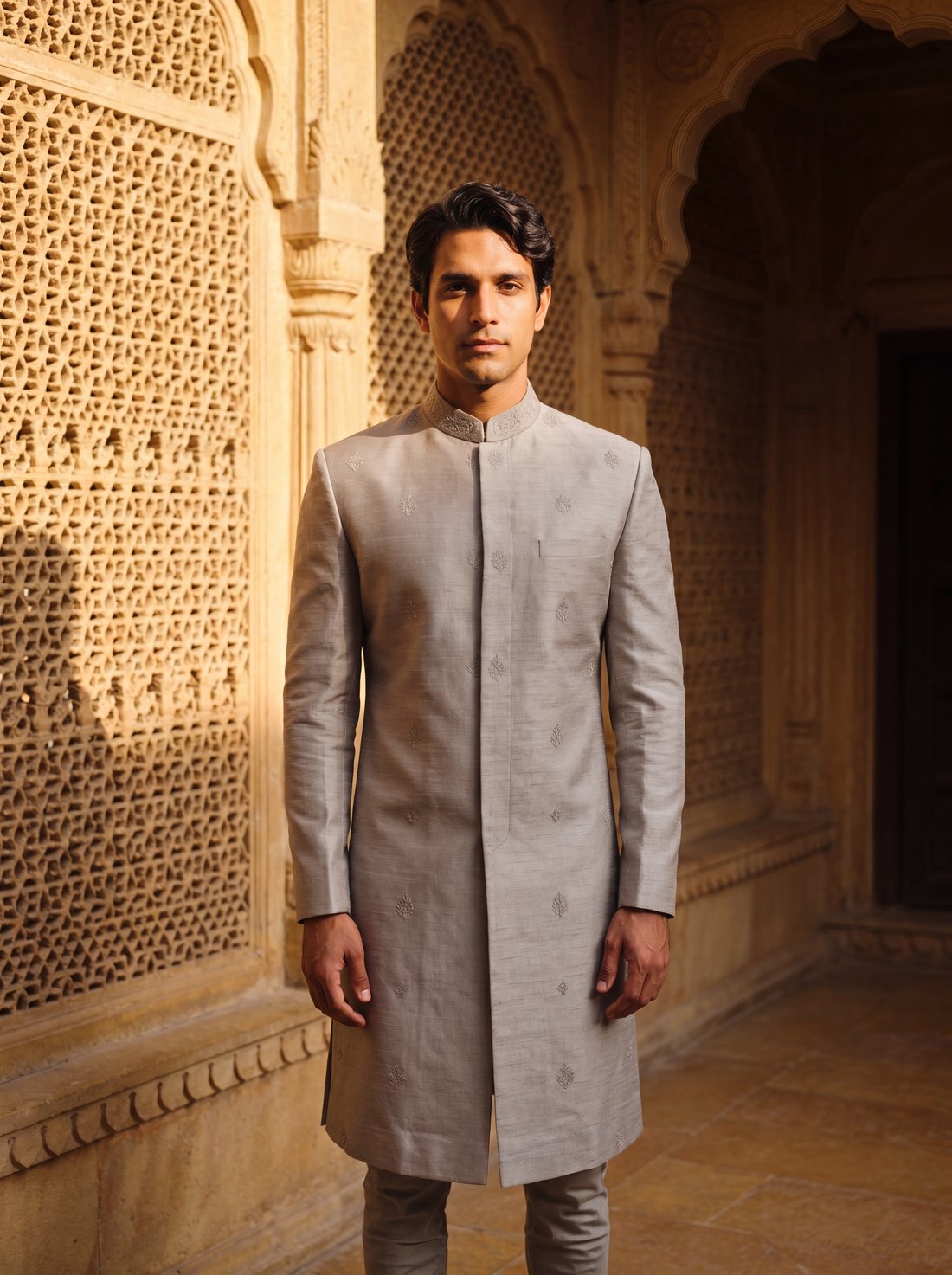 Raw-Silk Sherwani in Stone