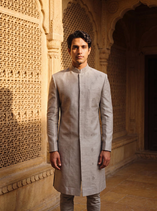 Raw-Silk Sherwani in Stone