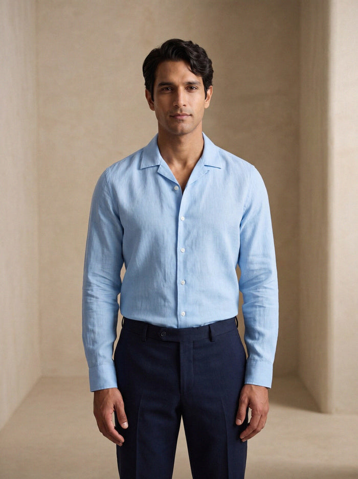 Camp-Collar Linen Shirt — Sky