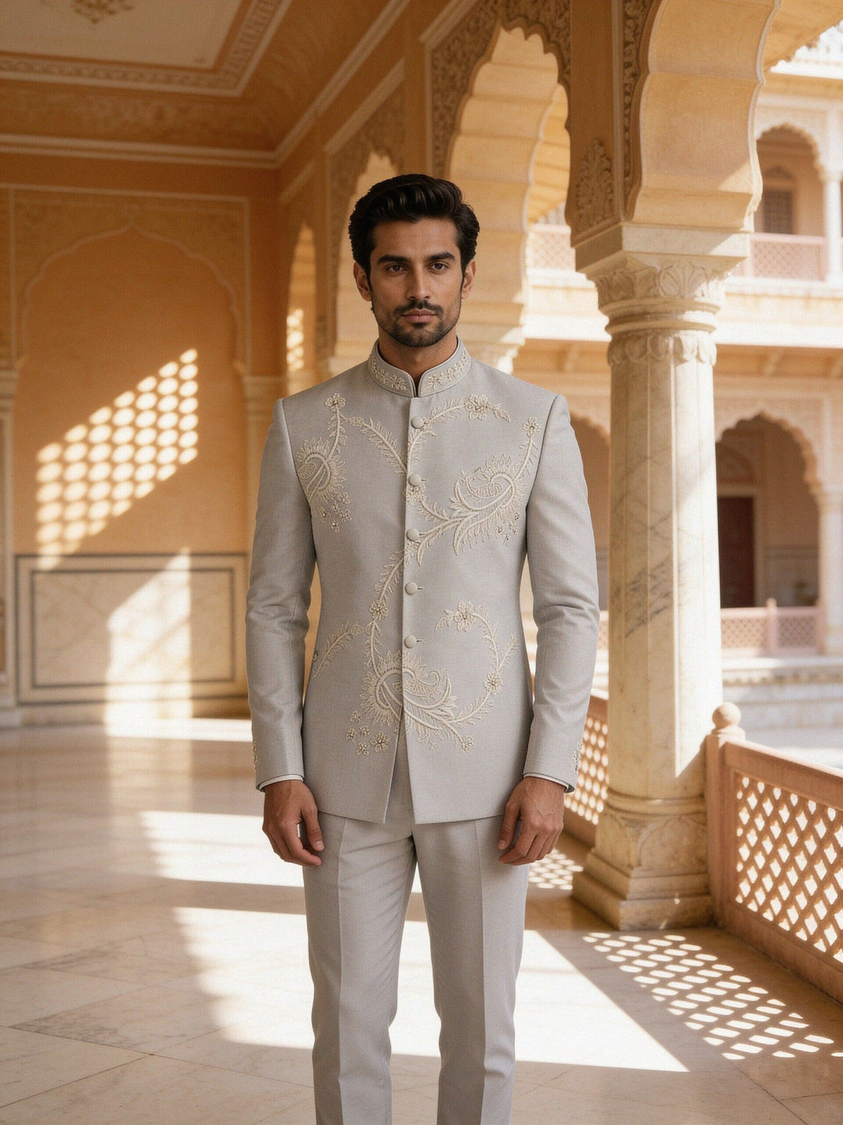 Embroidered Bandhgala Suit — Grey