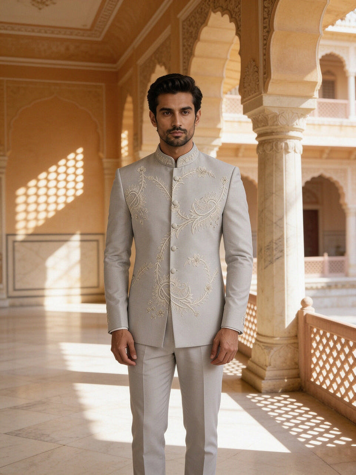 Embroidered Bandhgala Suit — Grey