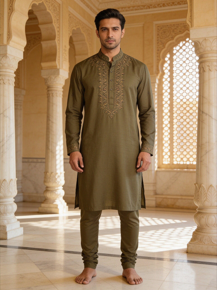 Embroidered Kurta — Olive
