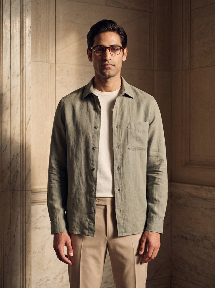 Garment-Dyed Linen Overshirt — Sage
