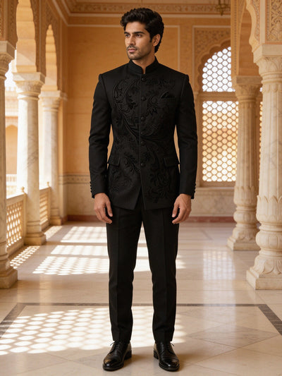 hs26-paisley-bandhgala-suit-black front