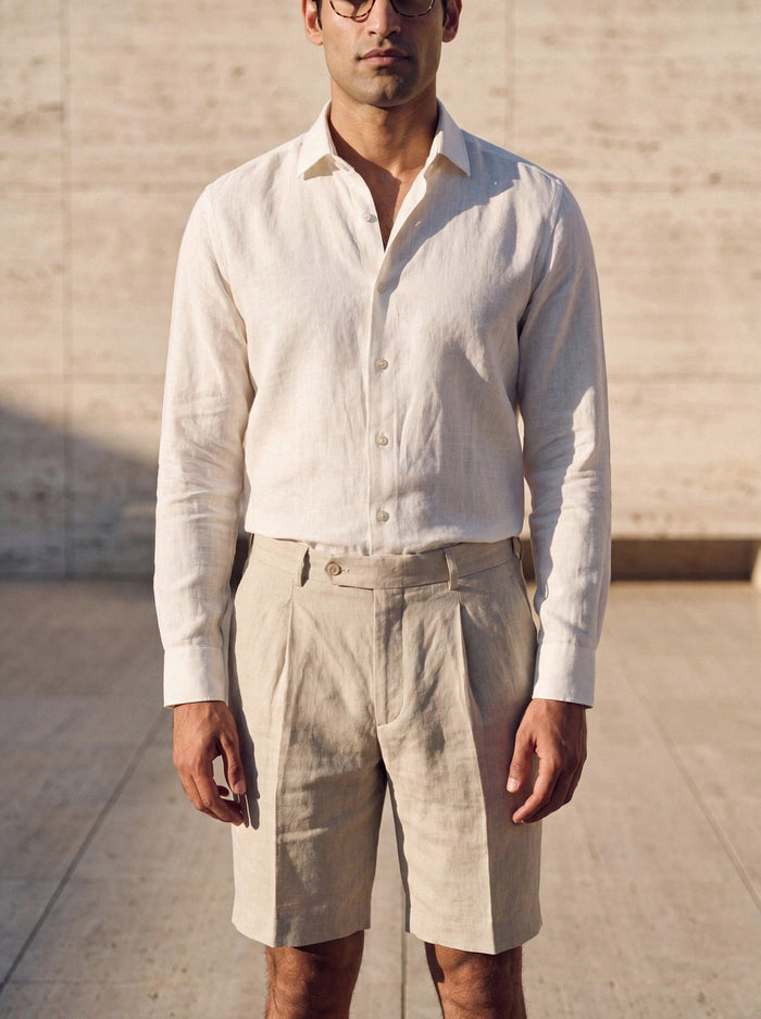 Pleated Linen Short — Stone
