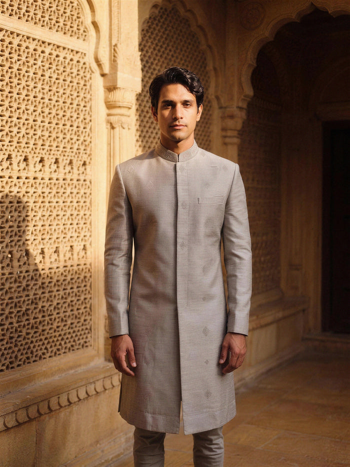 Raw-Silk Sherwani — Stone