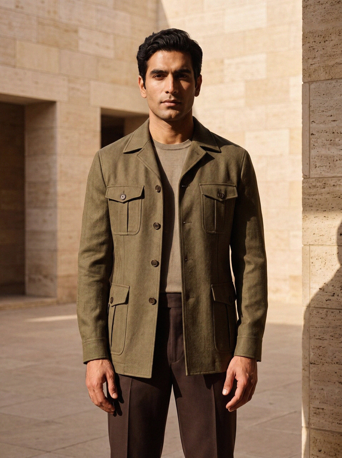 Safari Jacket — Olive Herringbone