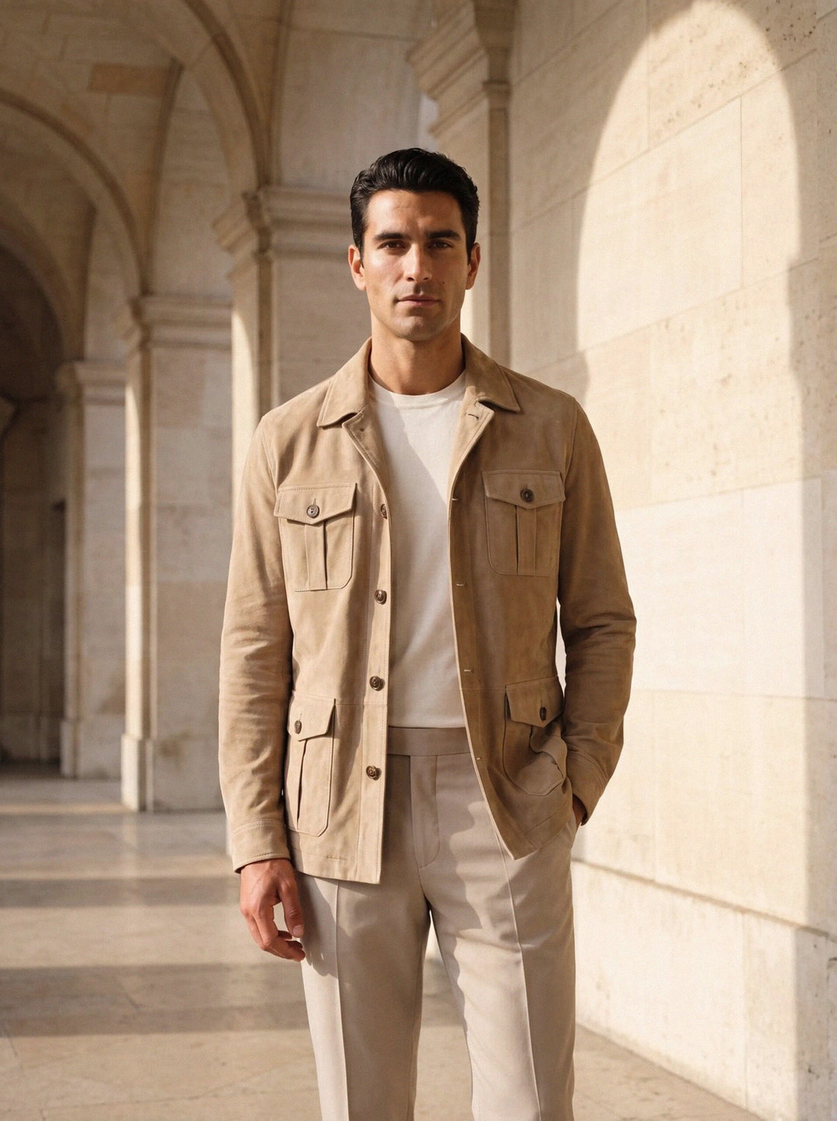 Suede Safari Jacket — Sand