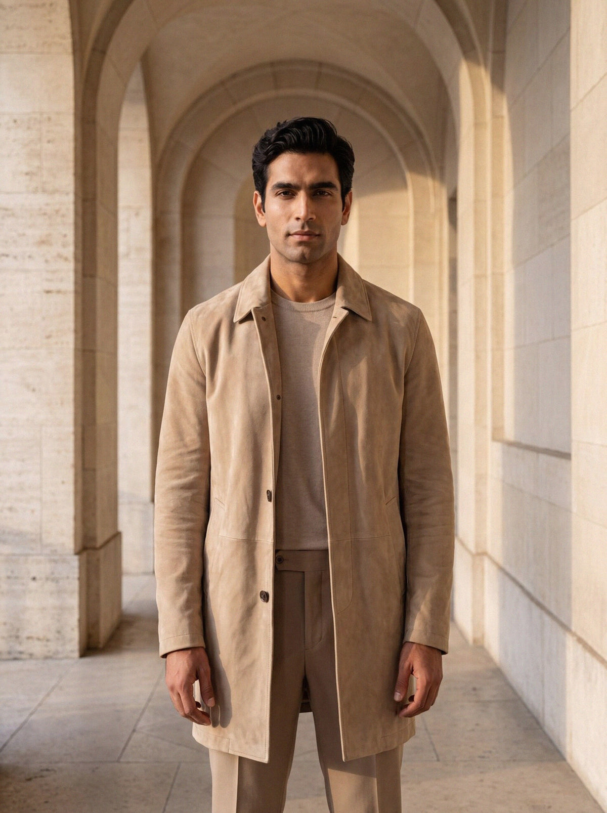 Suede Travel Coat — Sand