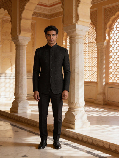 hs26-textured-bandhgala-suit-black front