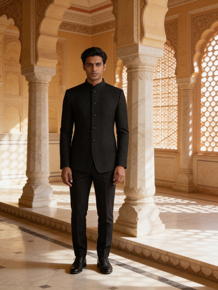 Textured Bandhgala Suit — Black