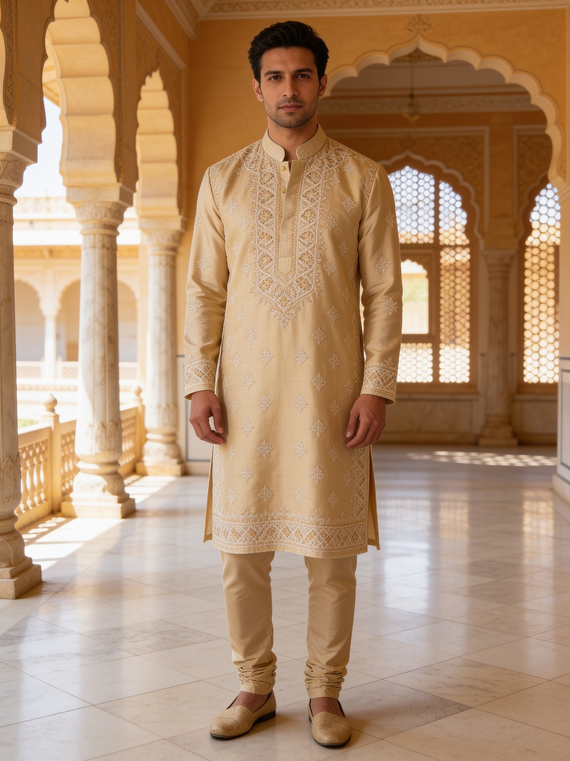 Herringbone & Sui — Chikankari Kurta — Champagne, palace front