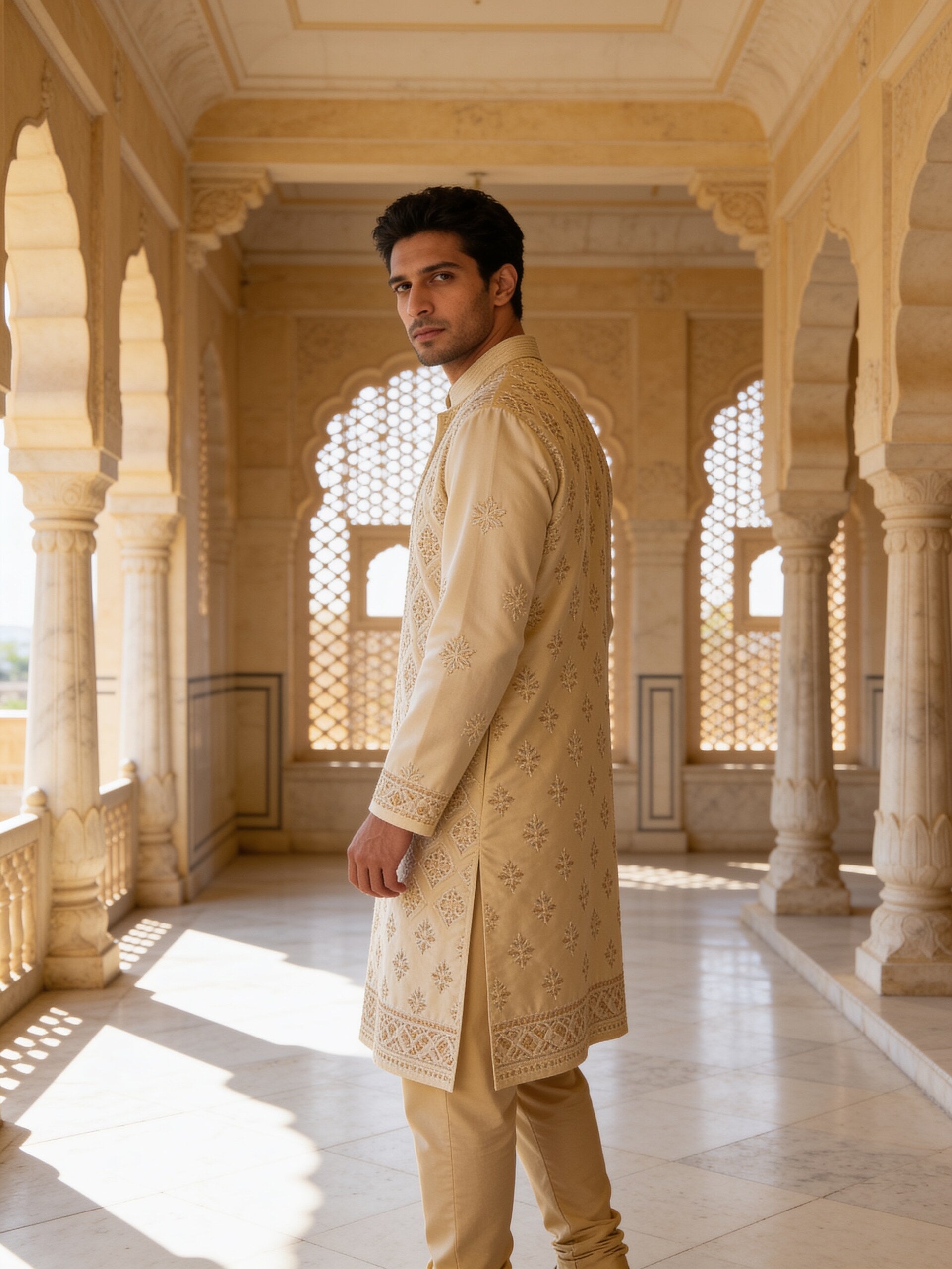 Herringbone & Sui — Chikankari Kurta — Champagne, palace three-quarter