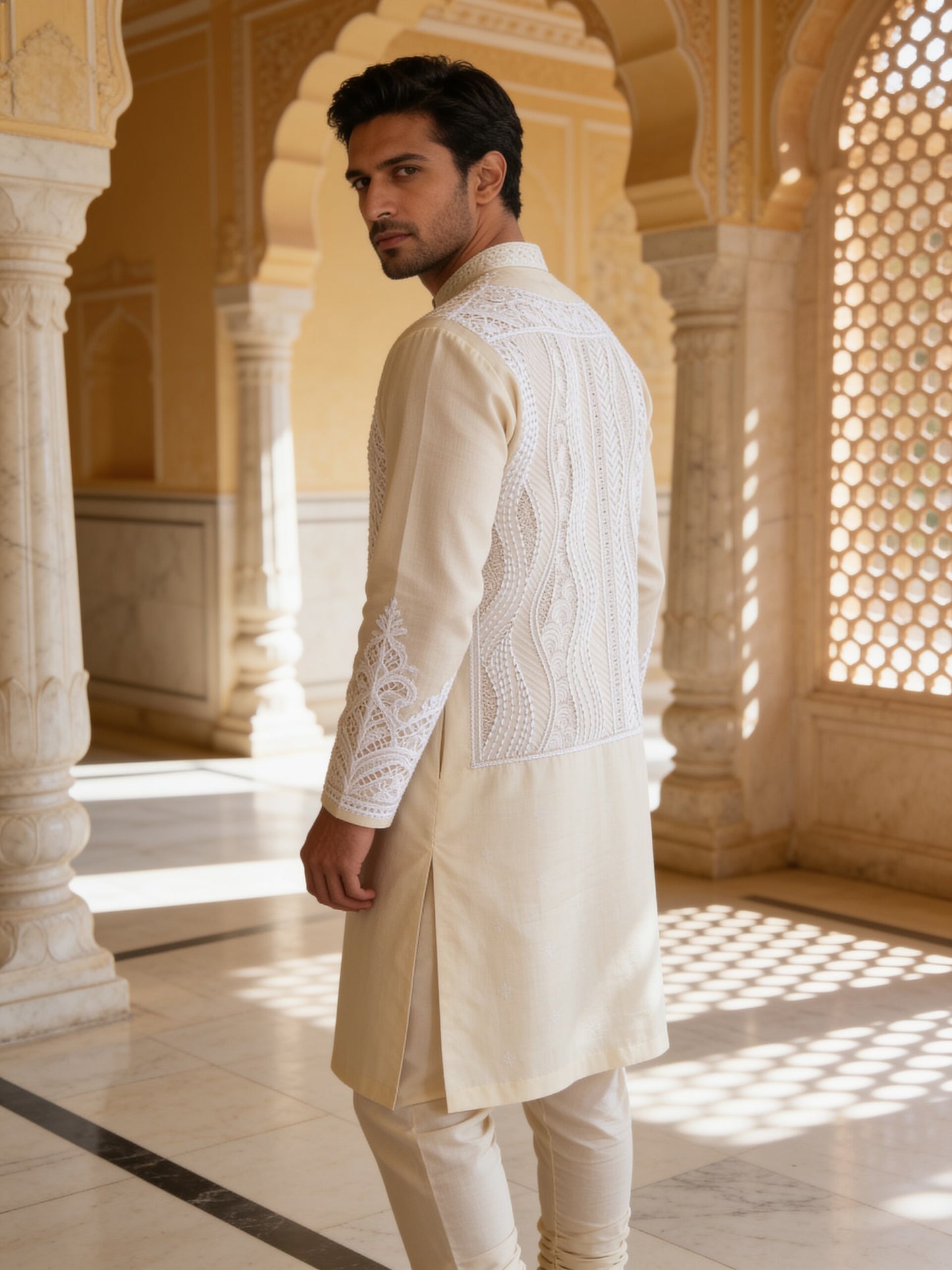 Herringbone & Sui — Chikankari Kurta — Cream, palace three-quarter