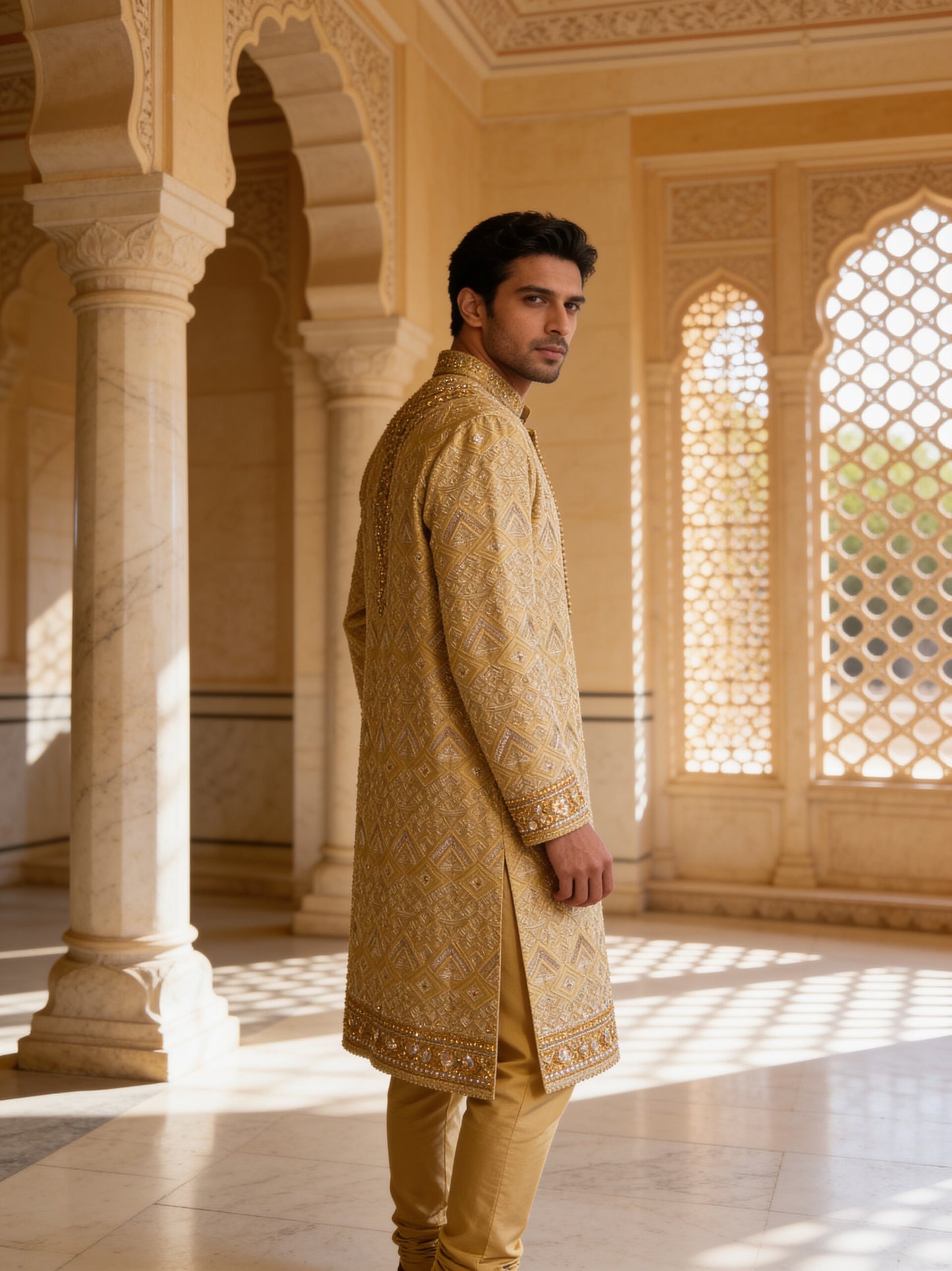 Herringbone & Sui — Chikankari Kurta — Gold, palace three-quarter