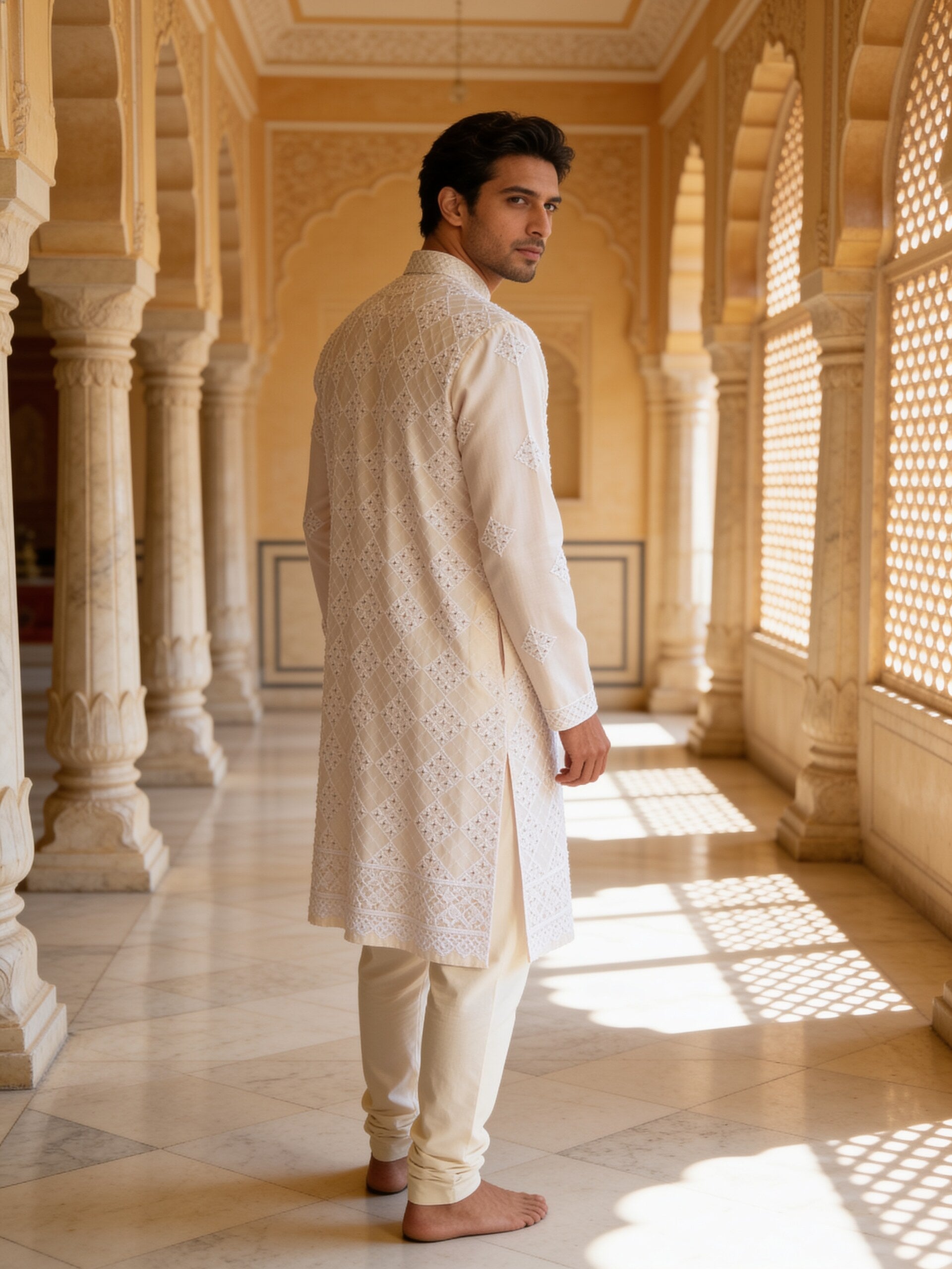 Herringbone & Sui — Chikankari Kurta — Ivory, palace three-quarter