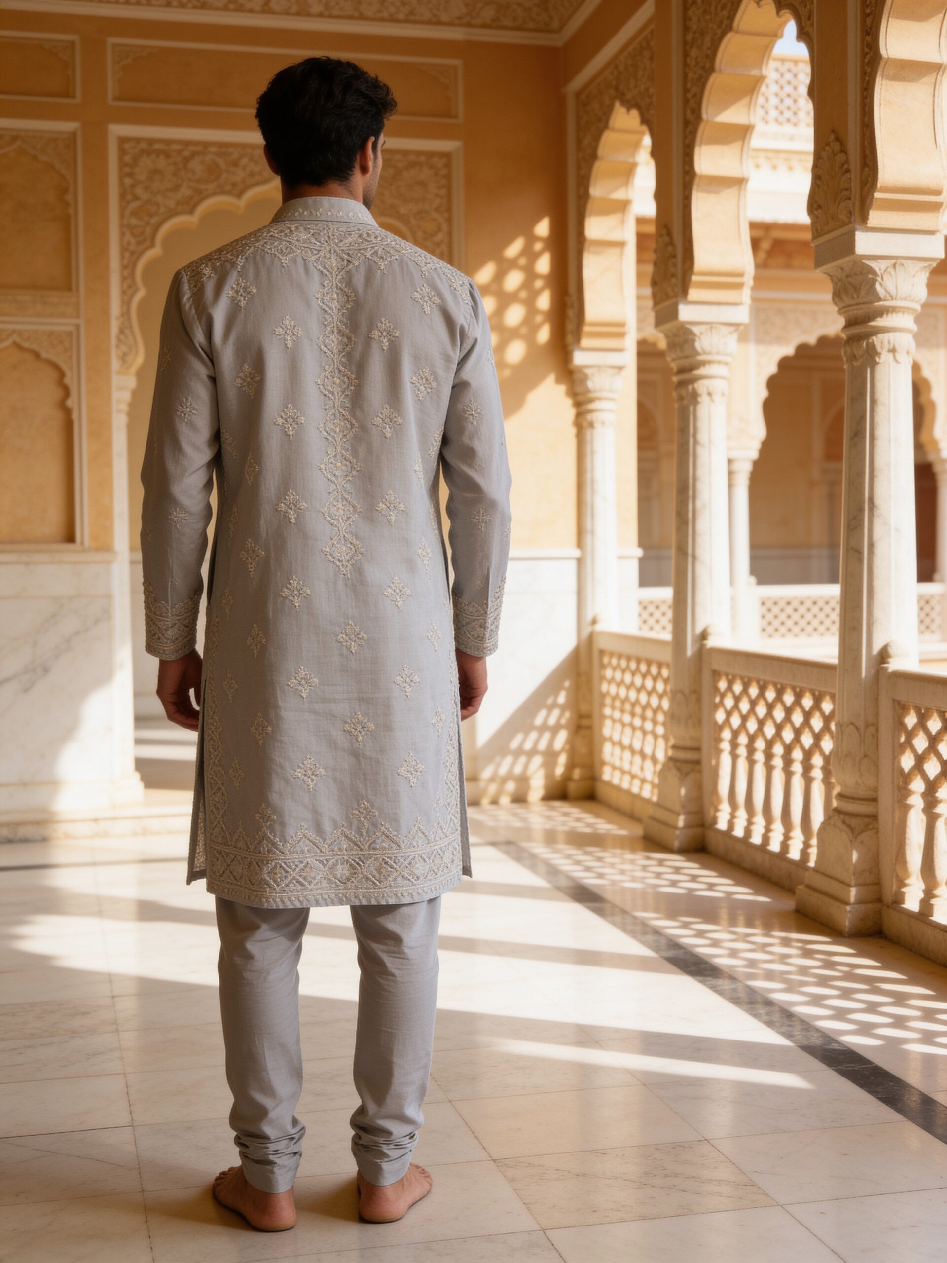 Herringbone & Sui — Chikankari Kurta — Light Grey, palace back